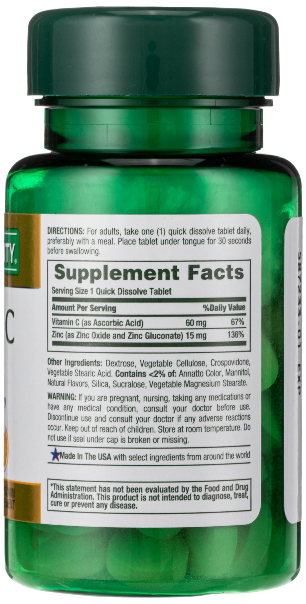 Nature's Bounty, Vitamin C + Zinc, Supports Immune Health, Vitamin Supplement, 60 mg, 60 Tablets (Pack of 2)