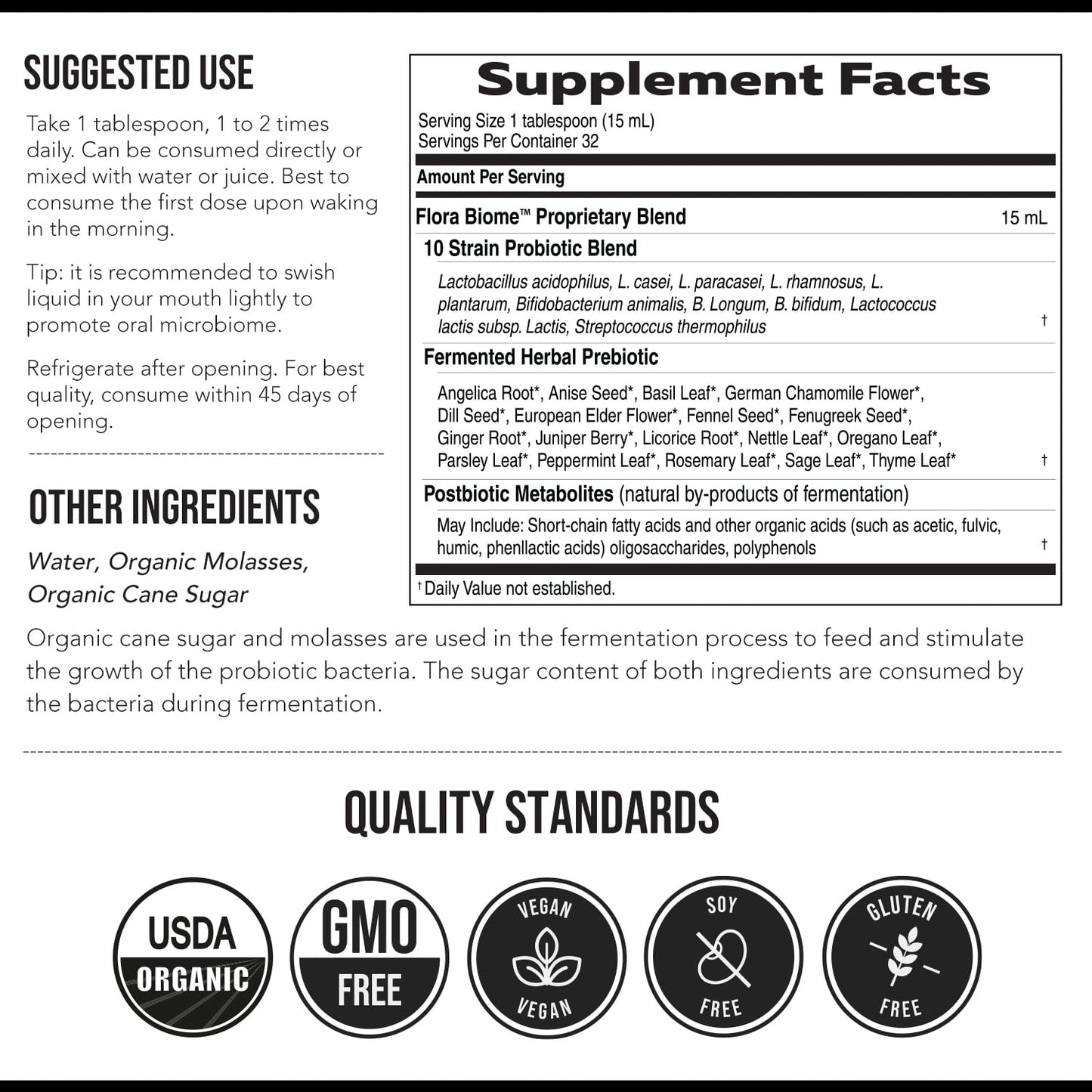 Flora Biome - Live Probiotic, Prebiotic, & Postbiotic – Organic Live-Culture – 10 Probiotic Strains, 18 Fermented Herbs - Complete Gut Health & Microbiome Optimizer (16 oz)