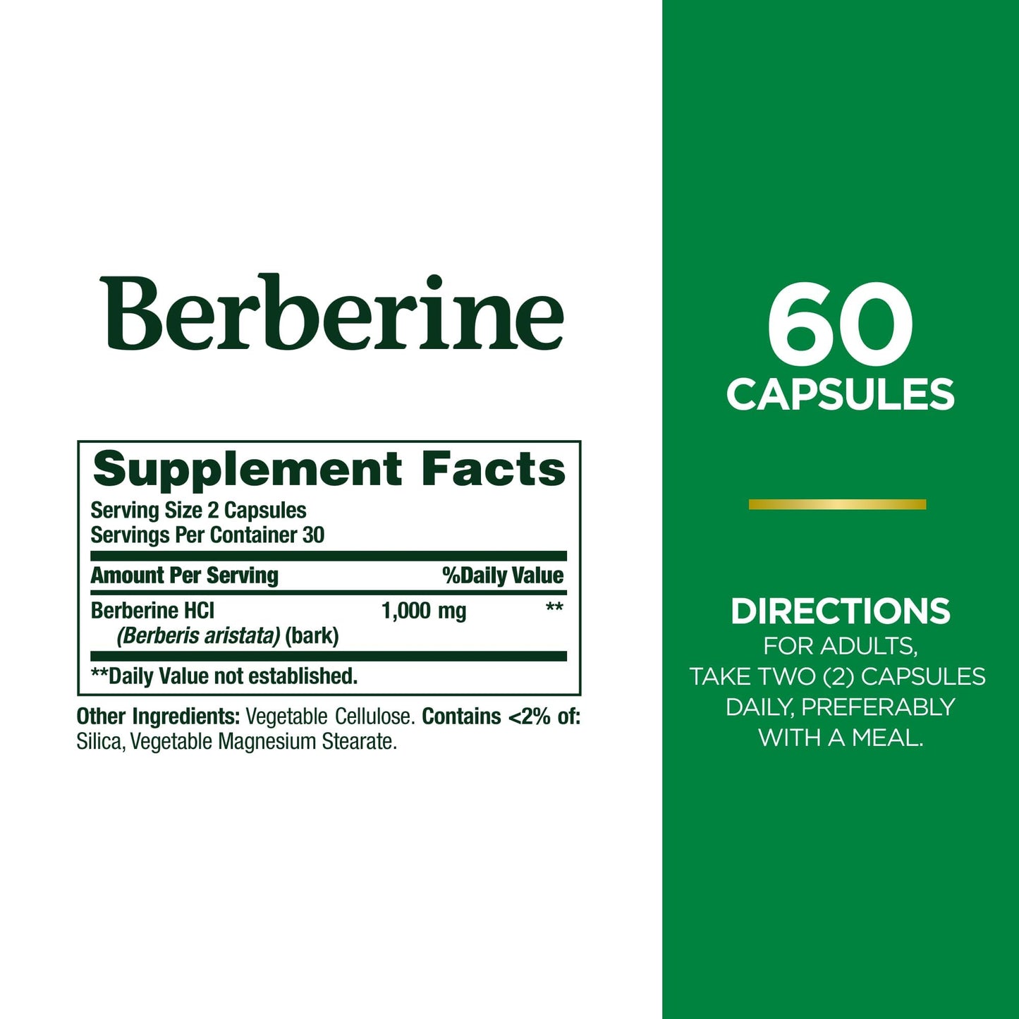Nature's Bounty 1000mg Berberine Herbal Health Capsules Support Heart and Cardiovascular Health, Help Maintain Healthy Cholesterol, Triglyceride, and Blood Sugar Levels, 60 Capsules