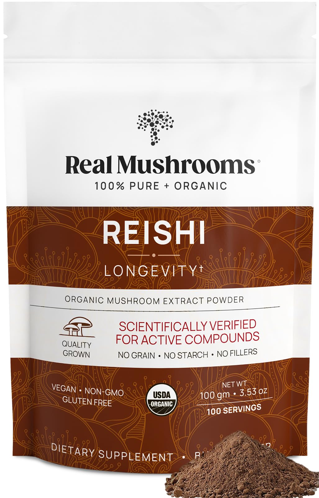 Real Mushrooms Reishi Mushroom Powder - Handpicked Organic Mushroom Extracts - Red Reishi for Tranquil Daily Wellness, Verified Beta Glucans – Vegan Non-GMO Mushrooms Supplement Organic– 100 Servings