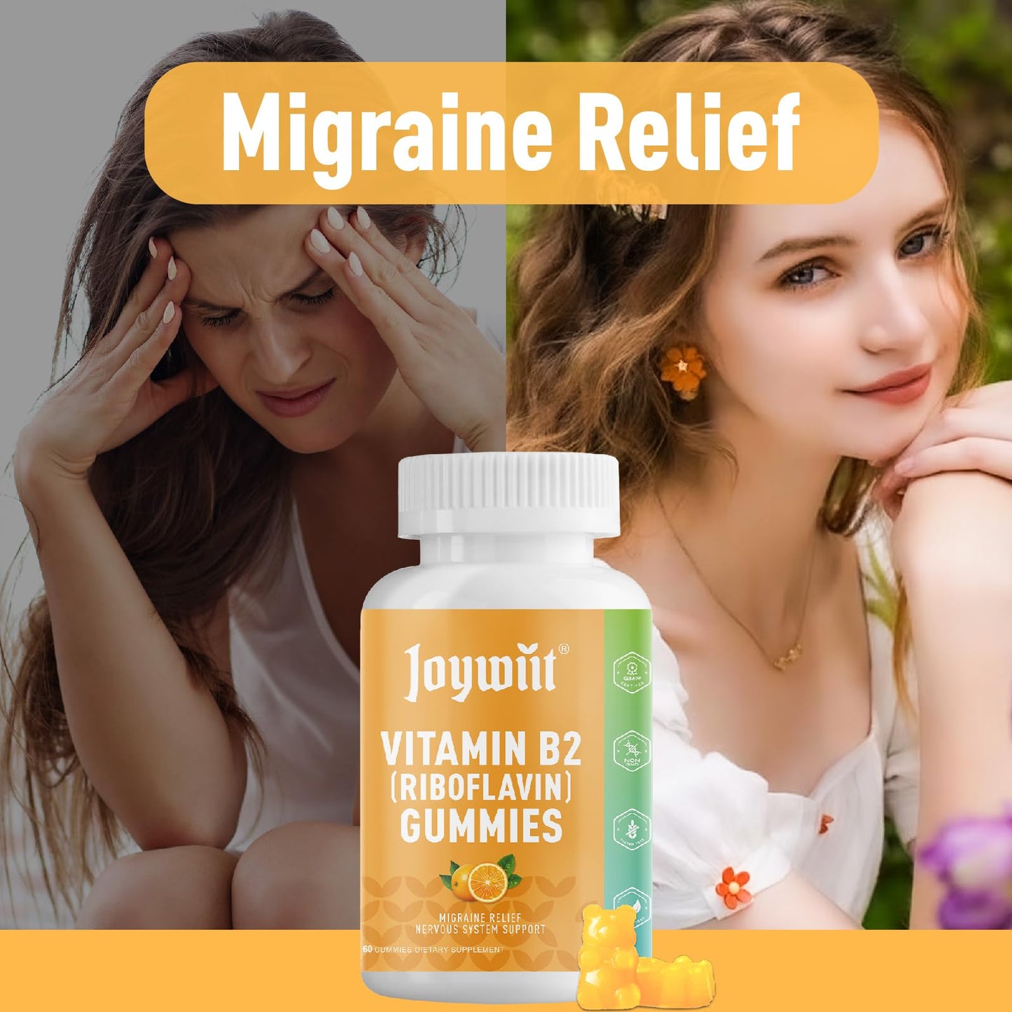Joywiit Vitamin B2 Gummies | Riboflavin 400mg | B2 Vitamin 400mg Chewable for Adults and Kids, Migraine Relief & Energy and Nervous System Support, Non GMO, Vegan - 60 Counts