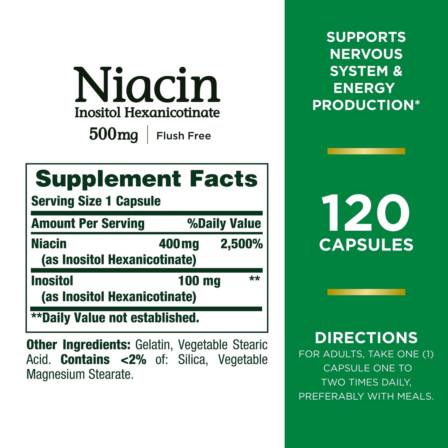 Nature's Bounty Niacin 500mg Flush Free, Cellular Energy Support, Supports Nervous System Health, 120 Capsules