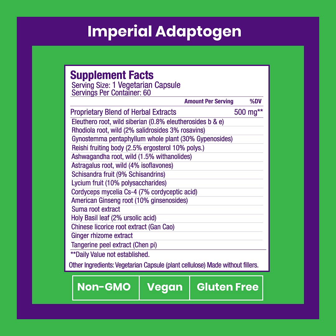 Paradise Herbs, Imperial Adaptogens, with Ashwagandha, Astragalus, Rhodiola, Proprietary Adaptogen Blend for Stress Support, Focus & Energy, 60 Vegetarian Capsules