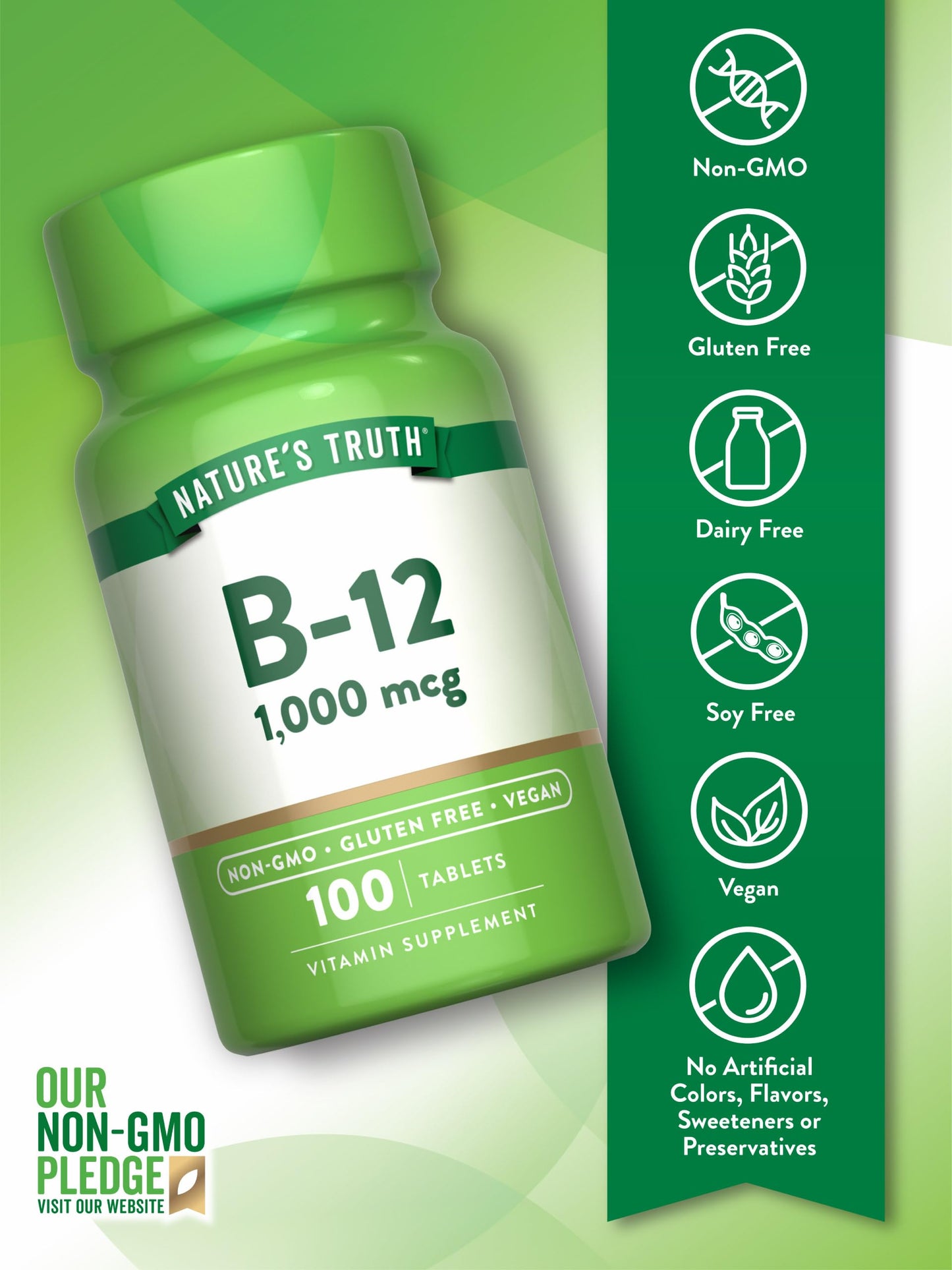Nature's Truth Vitamin B12 1000 mcg Tablets | 100 Count | Vegan, Non-GMO & Gluten Free Supplement
