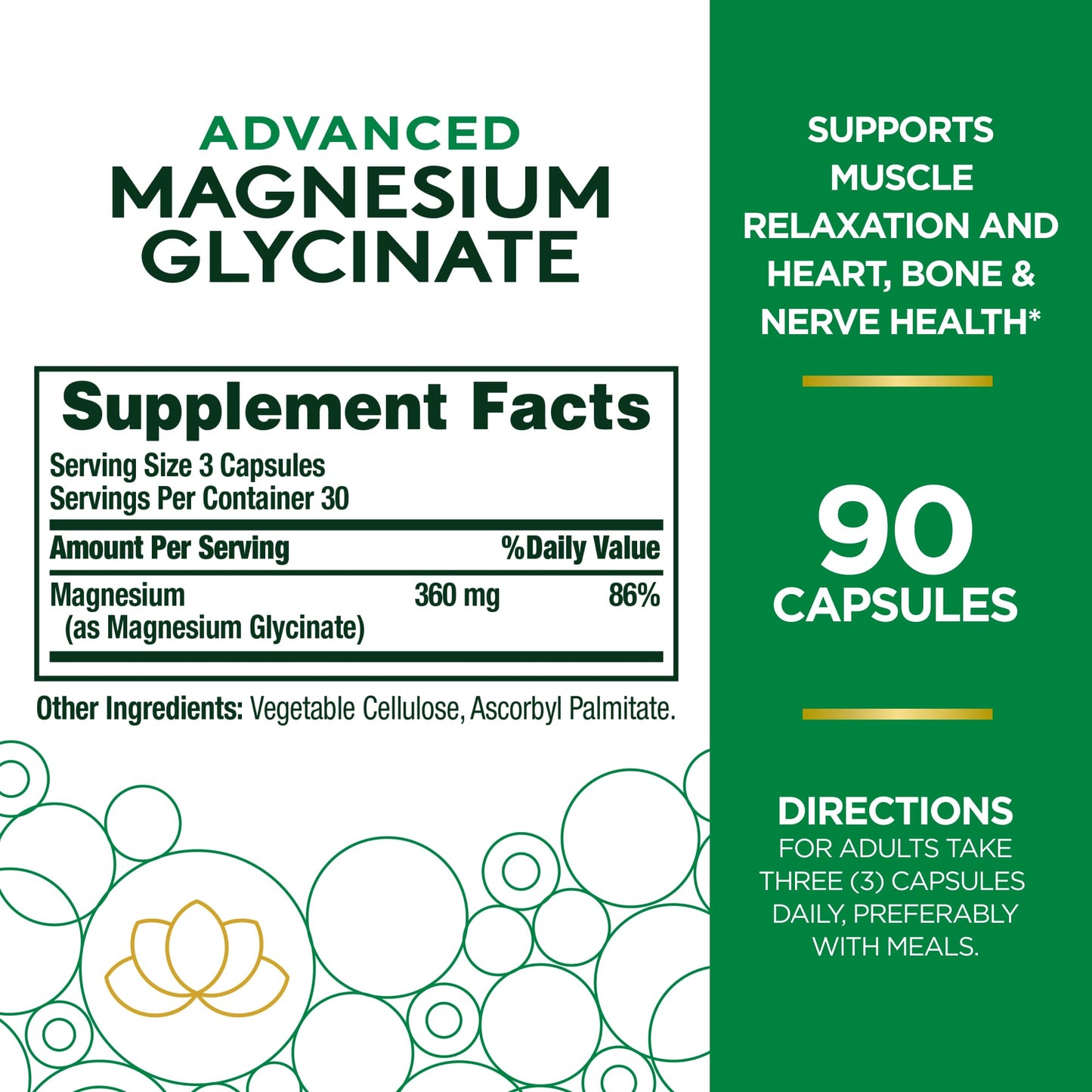 Nature's Bounty Advanced Magnesium Glycinate 360mg, Bioavailable Magnesium, Muscle & Bone Health Support, 90 Capsules