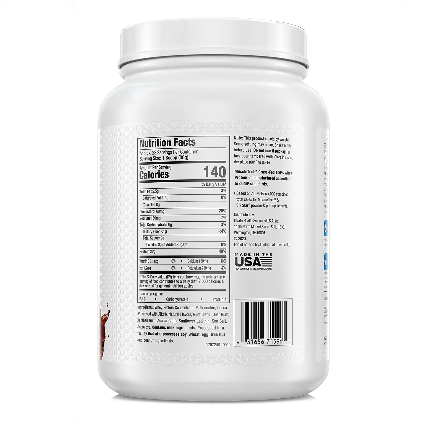 MuscleTech Grass Fed Whey Protein Powder for Muscle Gain, Growth Hormone Free, Non-GMO, Gluten Free, 20g Protein + 4.3g BCAA, Triple Chocolate, 1.8 lbs (Pack of 2)