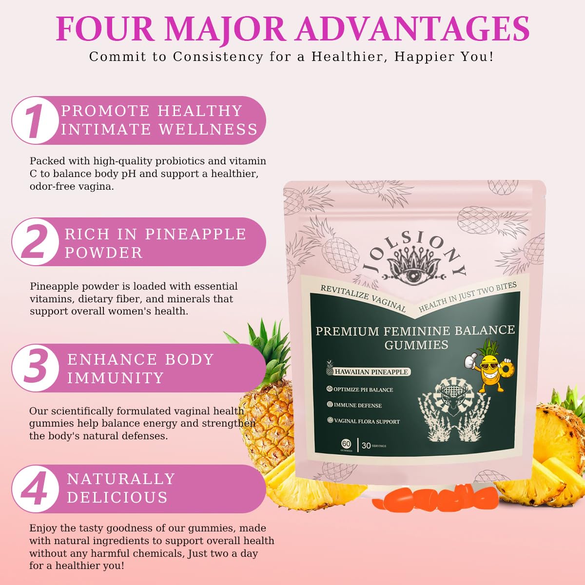 New Feminine PH Balance Gummies, Hawaiian Pineapple Flavor Health Wellness Support Vital Organic Feminine Gummies, Women's Health Supplement (120)