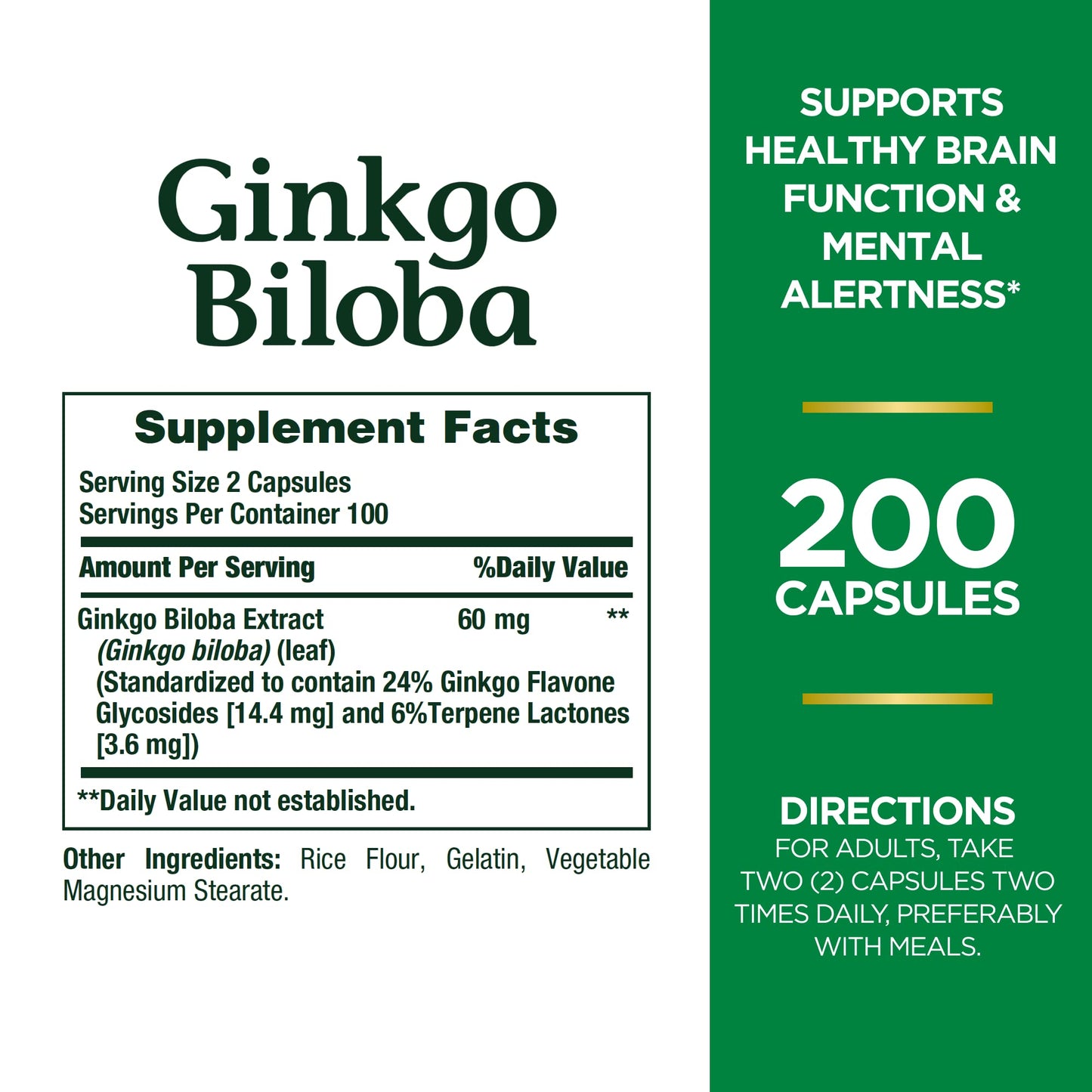 Nature's Bounty Ginkgo Biloba, Supports Healthy Brain Function, Herbal Supplement, 60 Mg, 200 Capsules