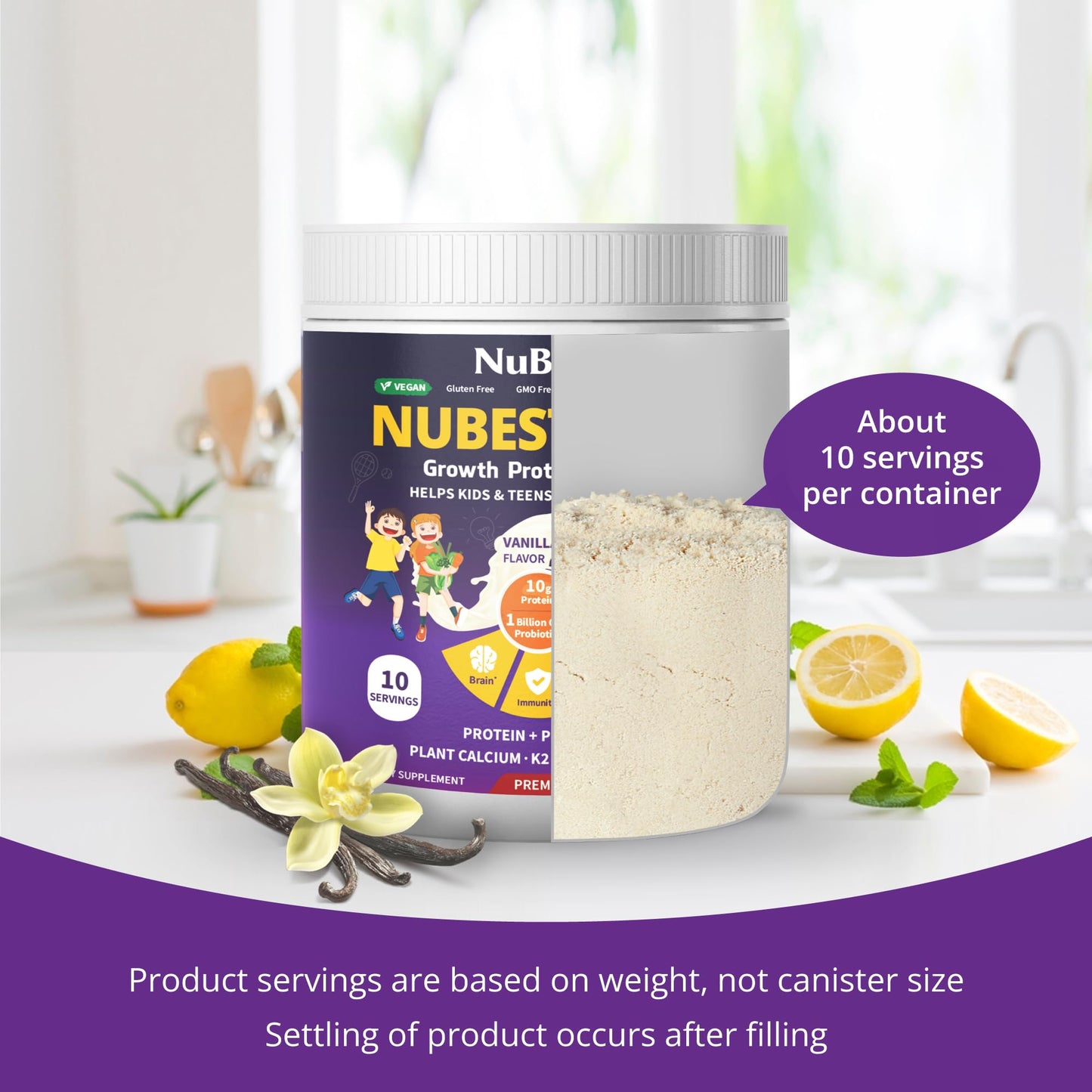 NuBest Protein Powder - Vanilla Plant Based Protein - Vegan Protein Powder for Kids & Teens - Healthy & Immunity with Probiotics, Omega 3-6-9, Vitamin D3 + K2, Calcium & Vitamins - 10 Servings