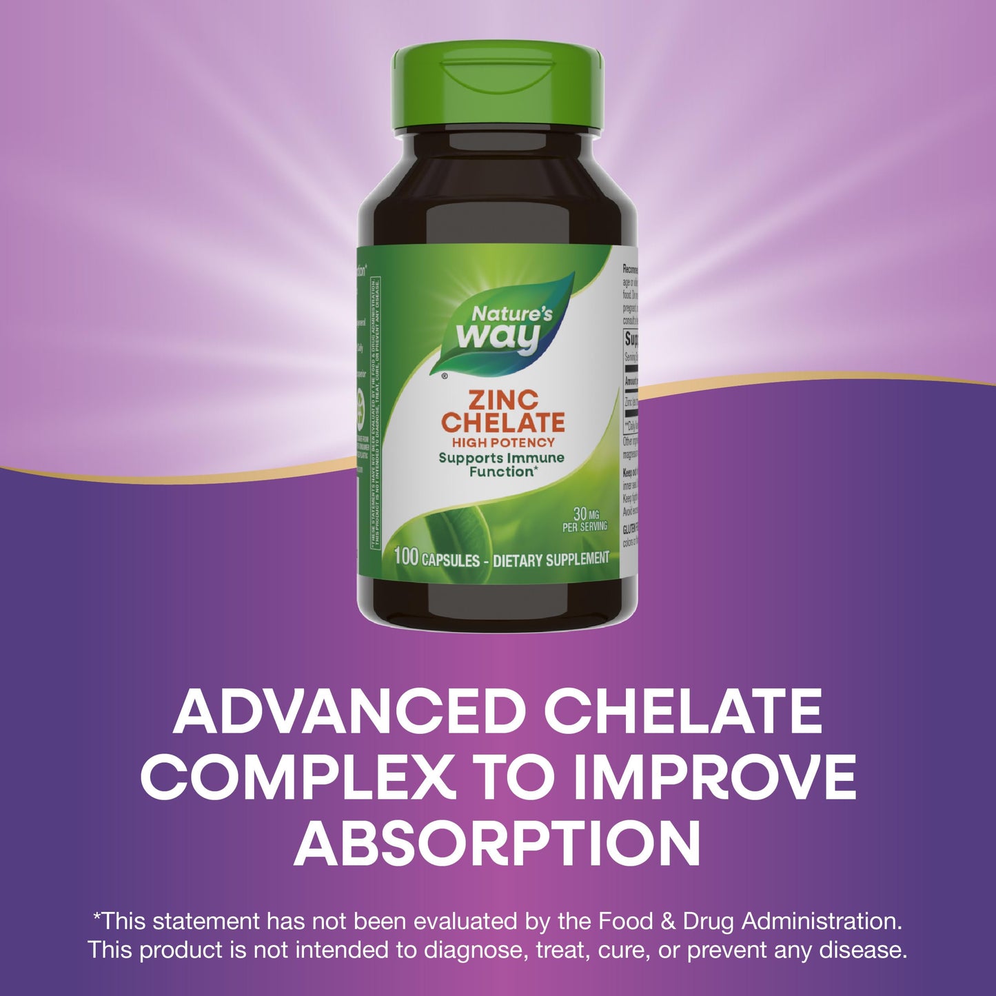 Nature's Way Zinc Chelate, Supports Immune Function*, 30 mg per Serving, 100 Capsules (Packaging May Vary)