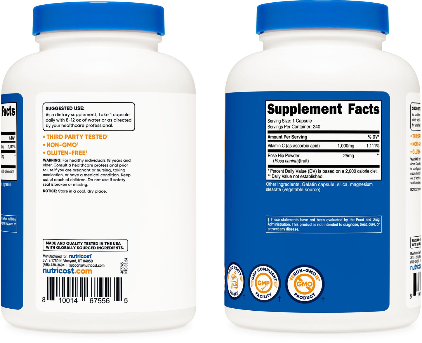 Pre-Order | Arrives in 5–10 Days – Nutricost Vitamin C with Rose HIPS 1025mg, 240 Capsules - Vitamin C 1,000mg, Rose HIPS 25mg, Premium, Non-GMO, Gluten Free Supplement