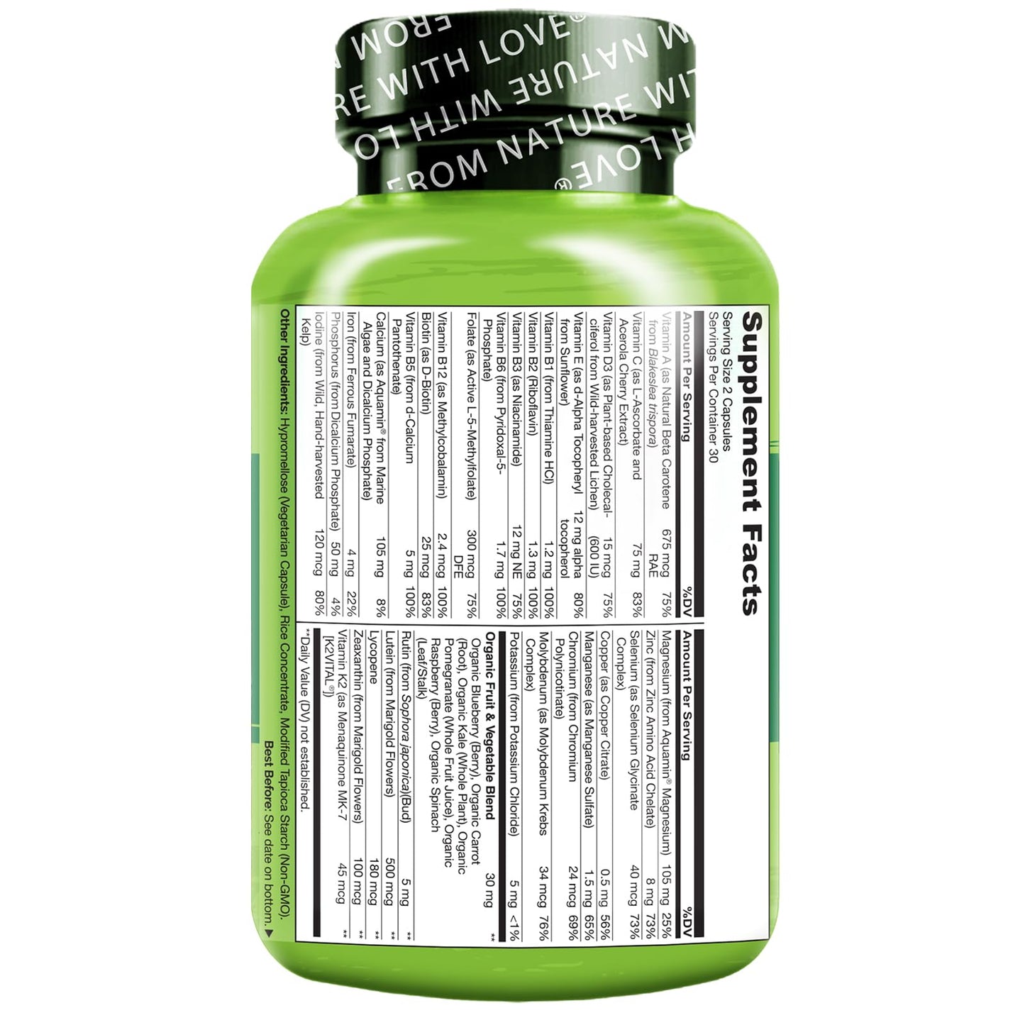 NATURELO Teen Multivitamin - Whole Food Multivitamin - with Minerals for Teenage Boys & Girls - Supplement for Active Kids - Non-GMO - Vegan & Vegetarian - 60 Capsules