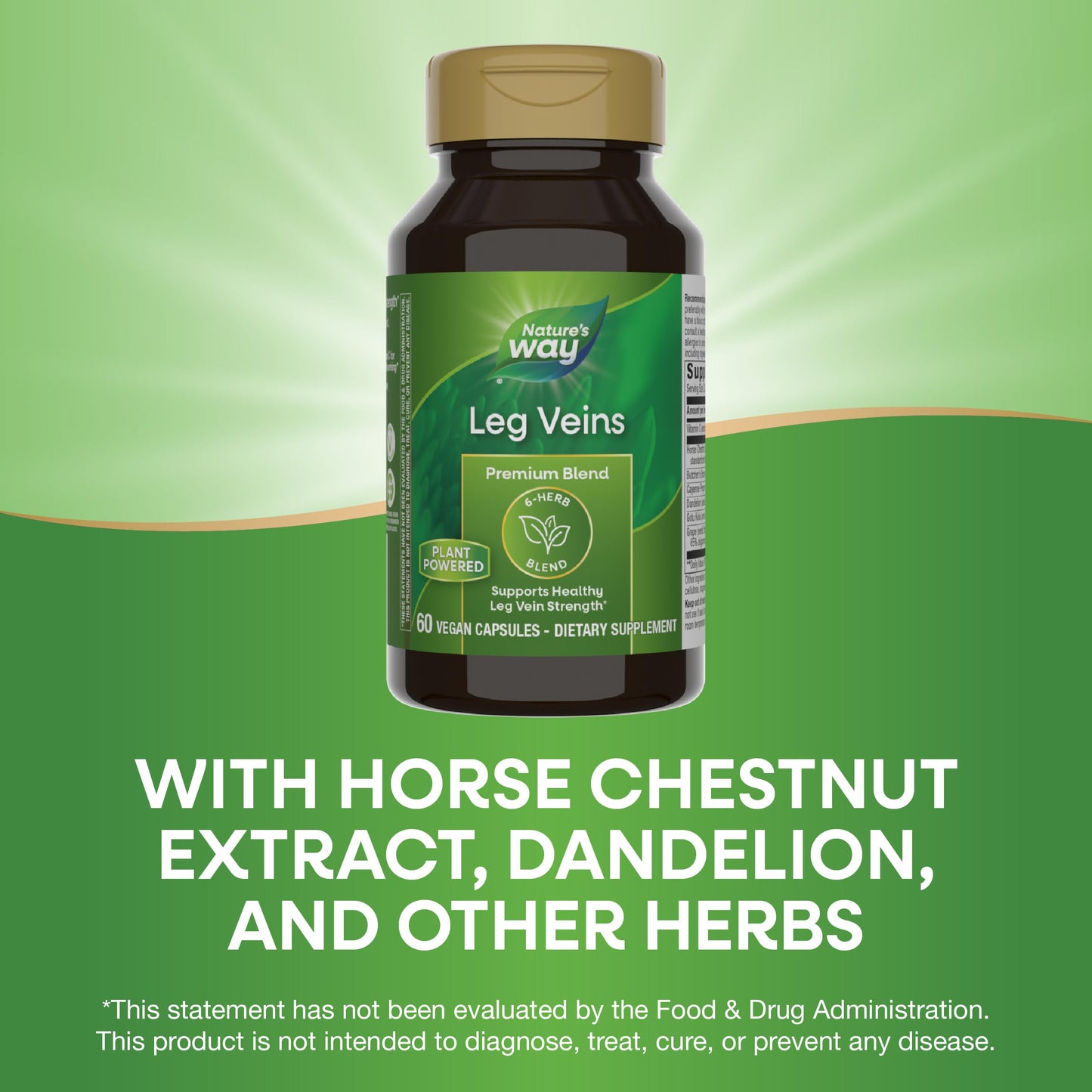Nature's Way Leg Veins, Supports Healthy Leg Vein Strength*, 6-Herb Blend, With Horse Chestnut Extract, Dandelion, Gluten Free, 60 Vegan Capsules (Packaging May Vary)