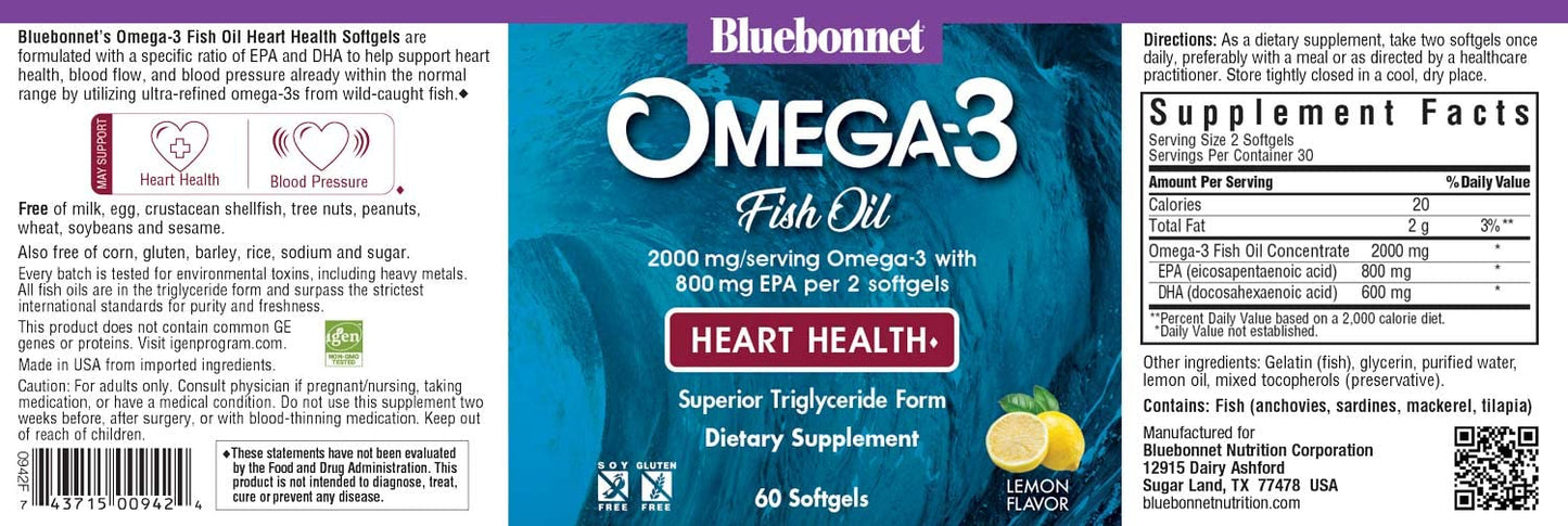 Bluebonnet Nutrition Omega-3 Heart Formula Natural Wild Caught Triglyceride Form DHA 600 mg EPA 800 mg - Highly Concentrated Heart Health Support Supplement - Gluten-Free - 60 Softgel