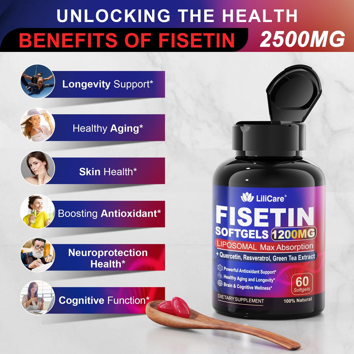 LILICARE Fisetin Supplement - Liposomal Super Absorption 98% Pure 1200mg with Quercetin, Resveratrol, Green Tea Extract for Healthy Aging & Longevity, Skin Health, Brain & Antioxidant - 60 Softgels
