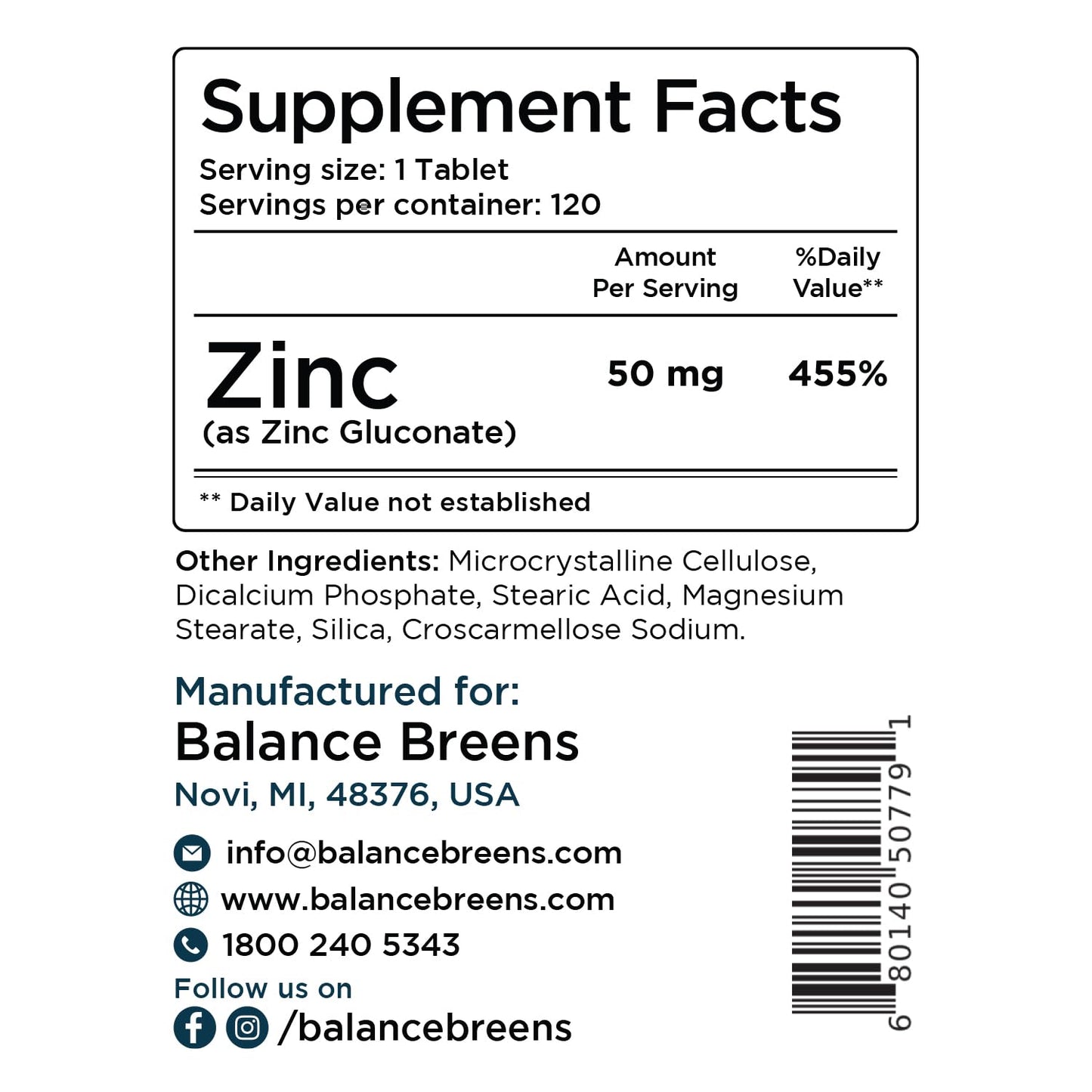 Zinc 50mg, 120 Vegetarian Tablets - Immune Support, Promotes Skin Health & Wound Healing, Extra Strength, Ultra-Absorbable