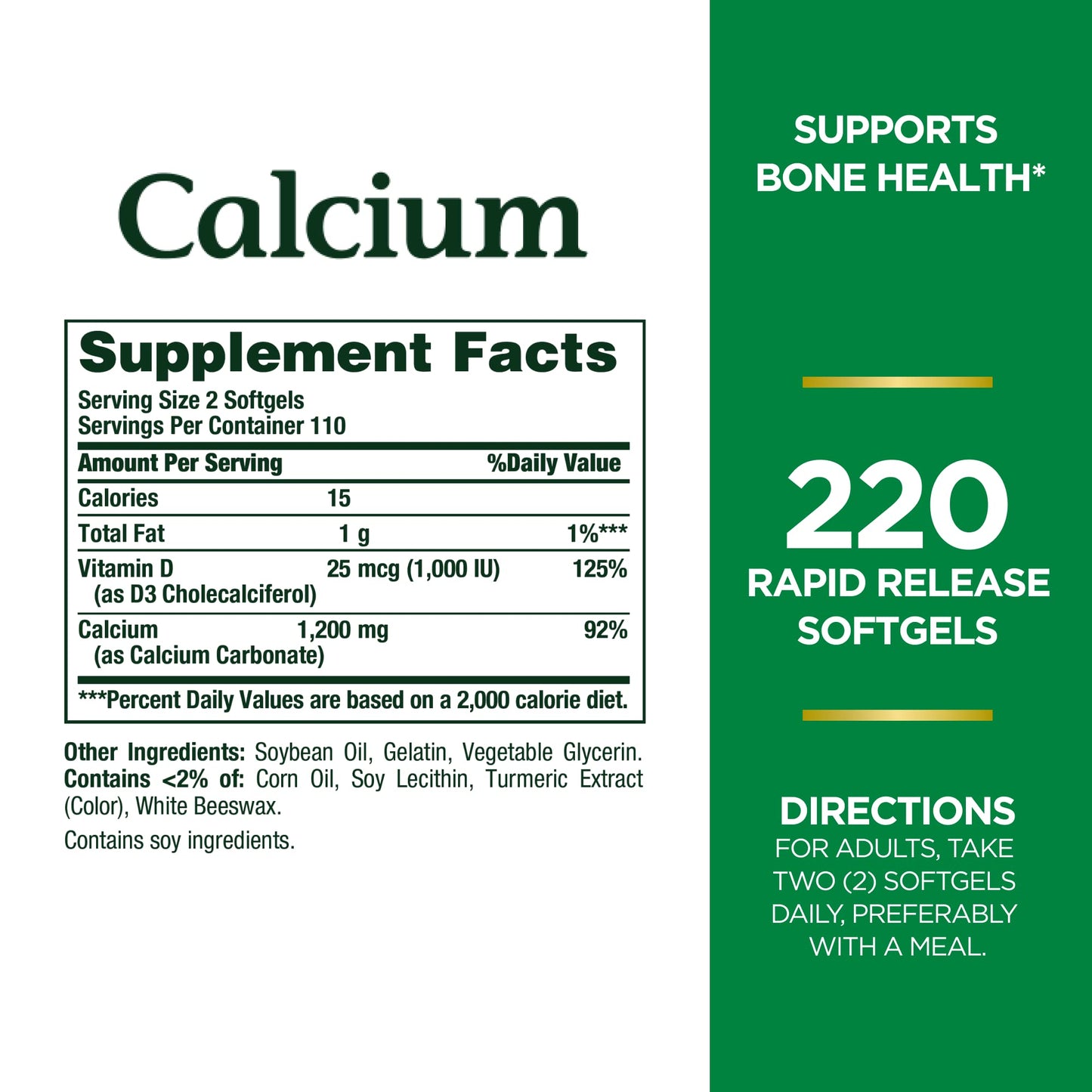 Nature's Bounty Calcium 1200 mg With Vitamin D3, Bone Health & Immune Support, Vitamin D3 1000 IU, 220 Softgels