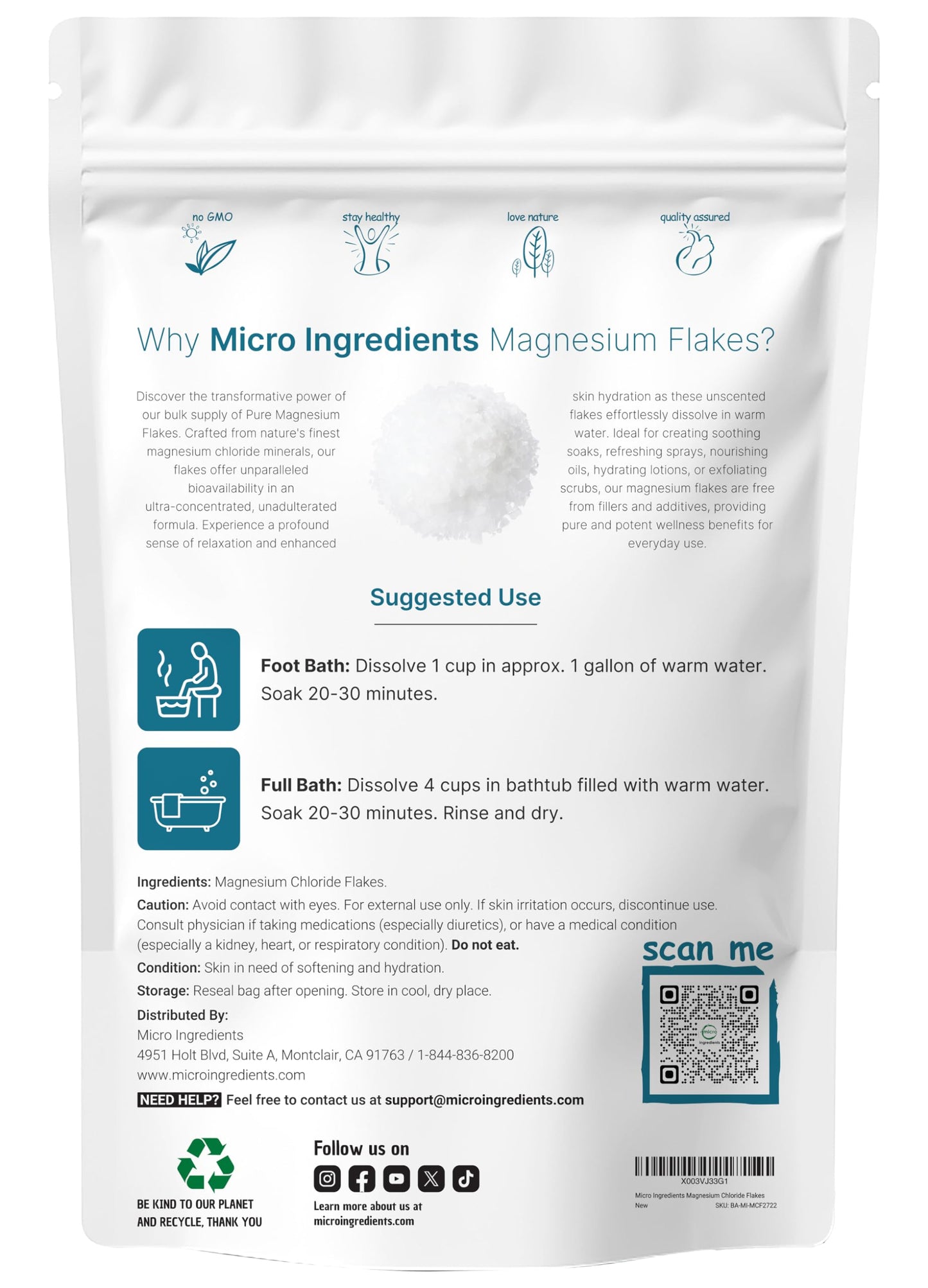 Micro Ingredients Magnesium Flakes, 6lbs | Great Alternative to Epsom Salt for Foot & Body Bath Soaks | High Absorption | Natural Magnesium Chloride Minerals | Relaxation & Skin Hydration Support