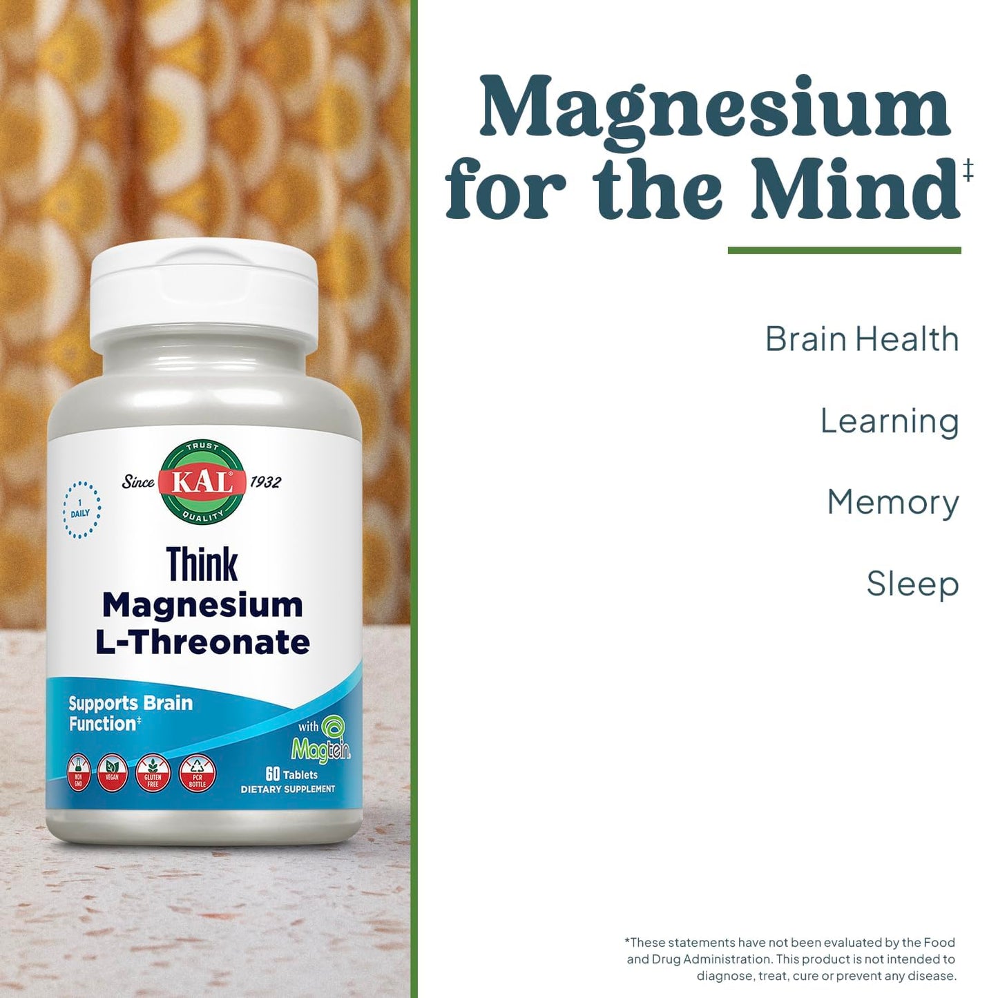 KAL Think Magnesium L-Threonate 2000 mg | Learning, Brain Health & Memory Function Support w/Magtein | Vegan, No Gluten & Non-GMO | 60 Tablets