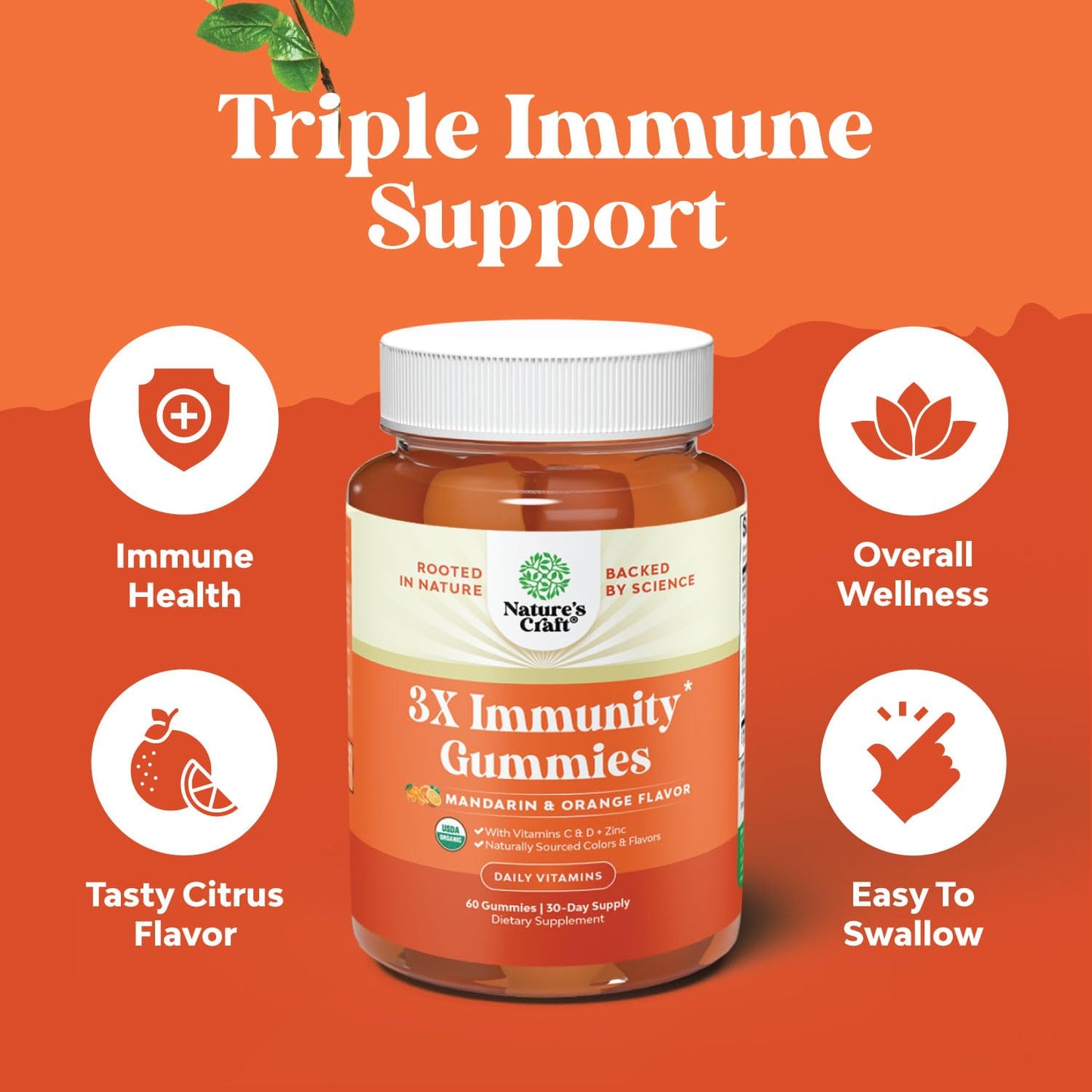 Natures Craft Vegan Organic Immune Support Gummies - D3 Zinc and Vitamin C Gummies for Adults Immunity - Organic Vitamin D for Adults Immune Support Supplement Gluten Free & Non-GMO (30 Servings)
