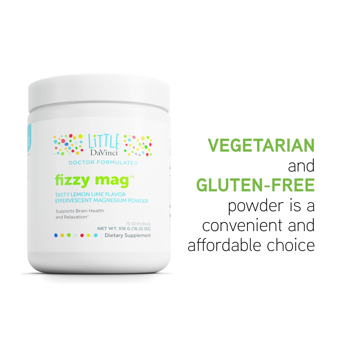 Pre-Order | Arrives in 5–10 Days – DAVINCI Little Fizzy Mag - Effervescent Magnesium Supplement for Kids to Support Brain Health, Relaxation and Behavior - with Calcium, Riboflavin - Lemon Lime Flavor - 516 g, 75 Servings
