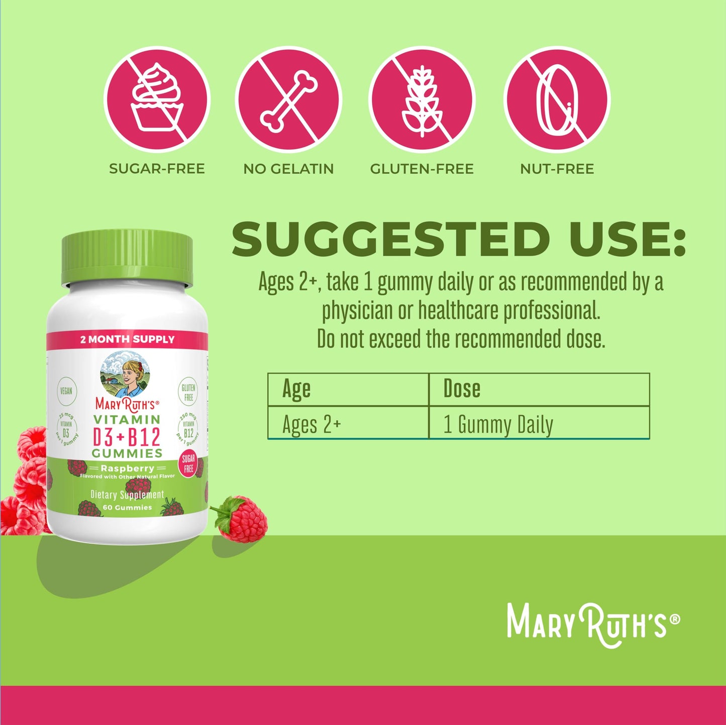 MaryRuth Organics Sugar Free | 2 Month Supply | Vitamin D & B12 Vitamin Supplements for Adults & Kids | Bone Health | Immune Support | Vegan | Non-GMO | 60 Servings