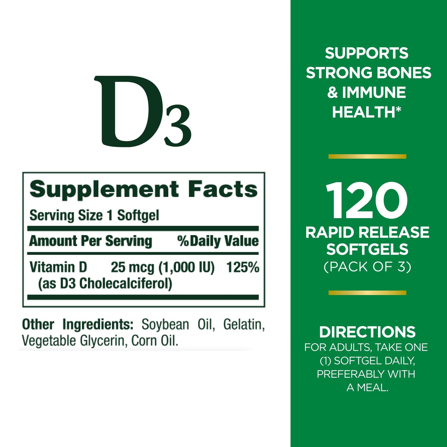 Nature's Bounty, Vitamin D3 Vitamin Supplement, Supports Immune System and Bone Health, 1000IU, 120 Softgels (Pack of 3)