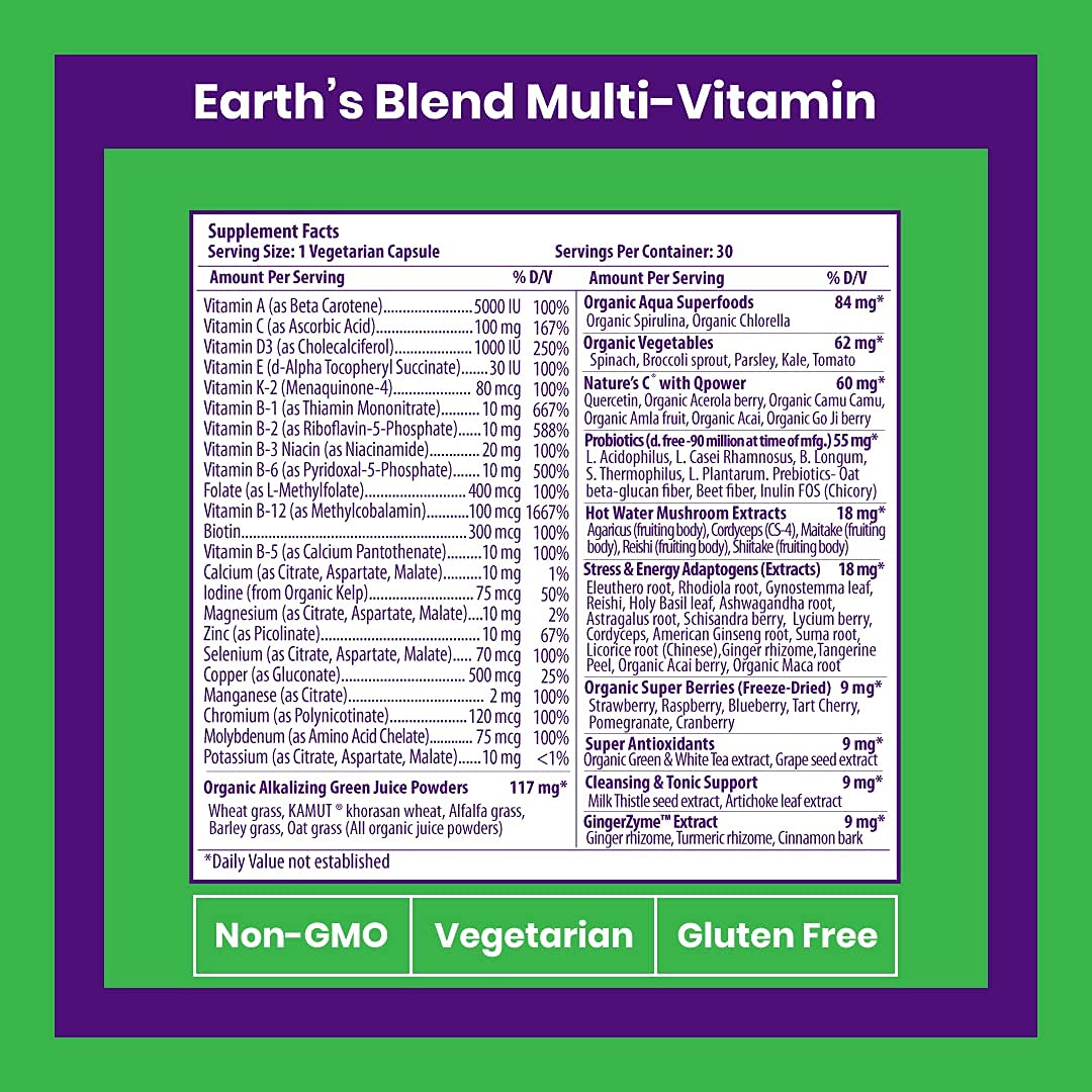Paradise Herbs Earth's Blend Once Daily Multivitamin for Men, No Iron, 48 Organic Superfoods, Probiotics, Antioxidants, Vitamins A, B12, C, D, K2, 30 Count