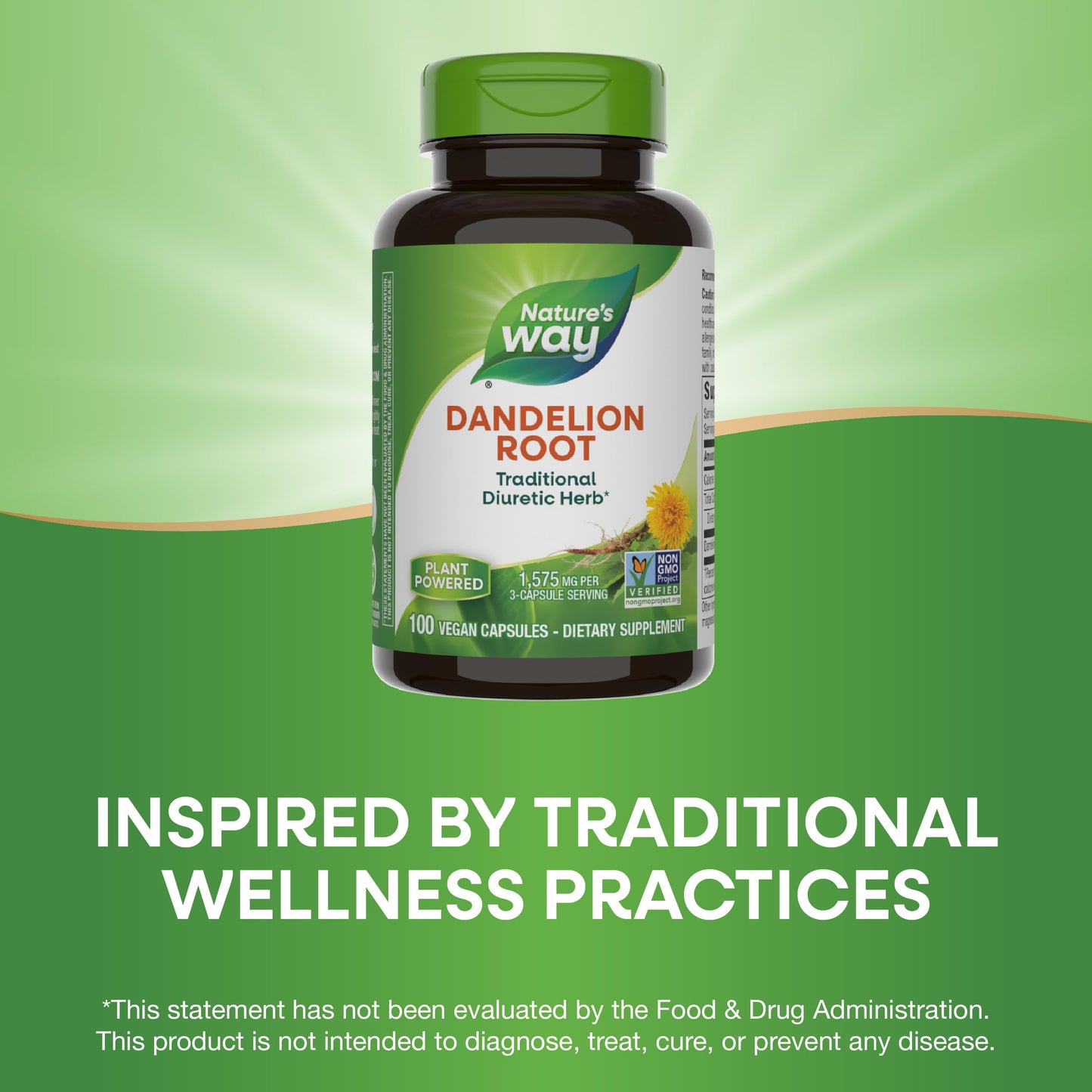 Nature's Way Dandelion Root, Traditional Diuretic Herb*, Traditionally used to Soothe Digestive Upset*, Vegan, 100 Capsules