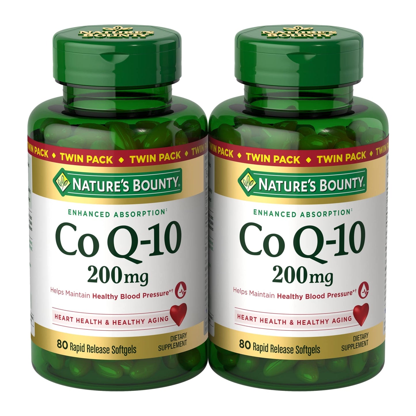 Nature's Bounty CoQ10 200 mg Softgels, Heart Health & Cellular Energy Support, Twin Pack, 160 Rapid Release Softgels