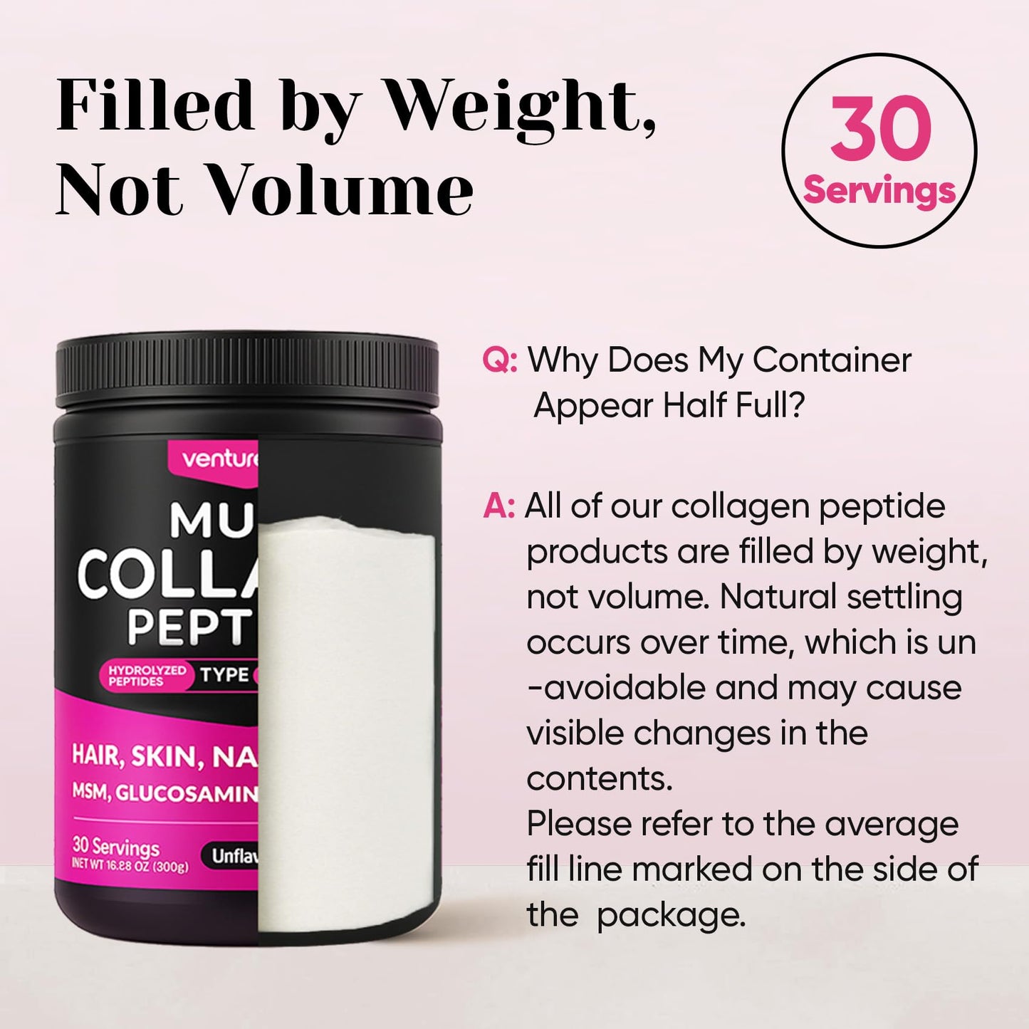 Venture Pal Multi Collagen Protein Powder - Hydrolyzed Collagen Peptides Type I, II, III, V, X + MSM, Vitamin C | Unflavored Collagen Supplement | Hair, Skin, Nail & Joint Support | Grass Fed, Non-GMO