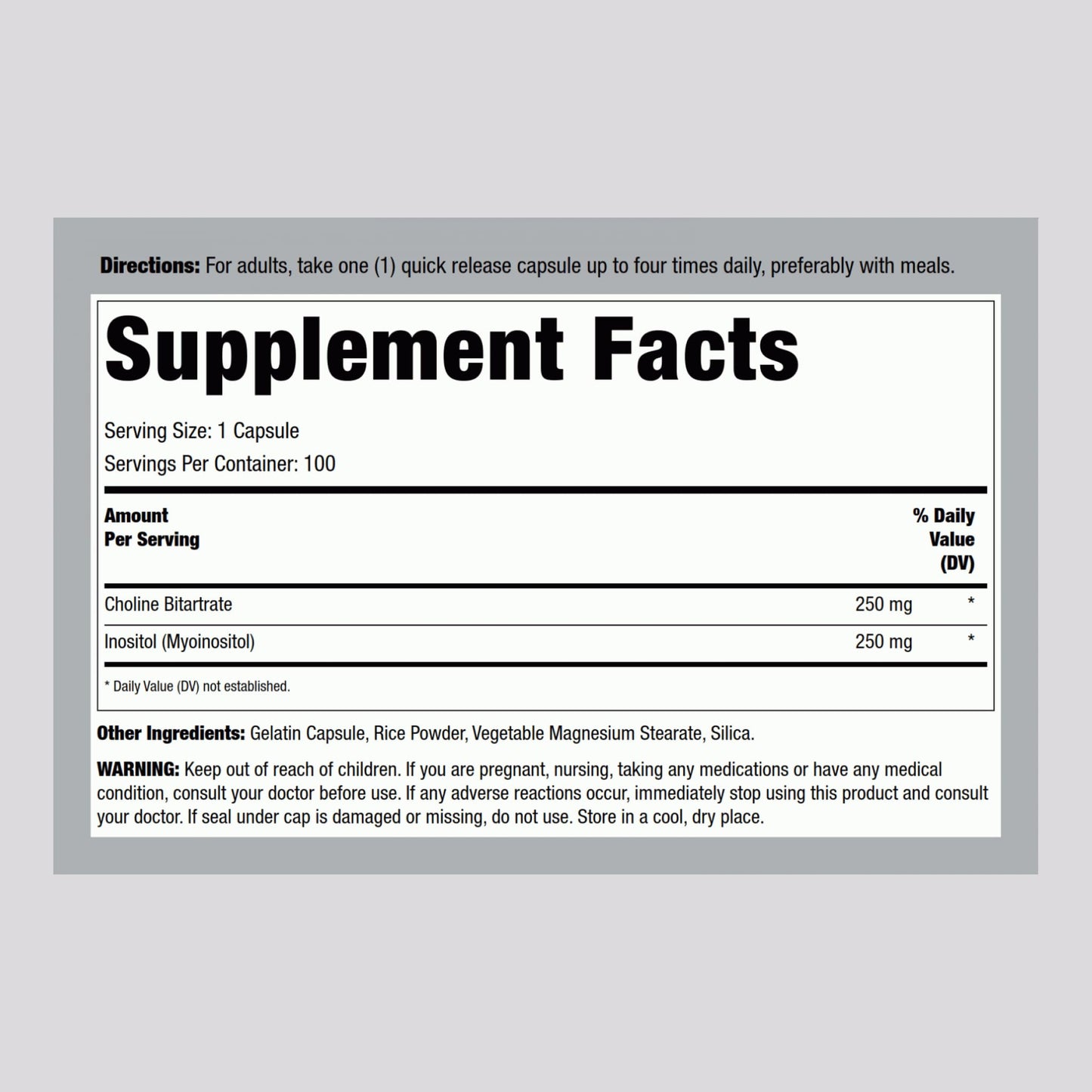 Lindberg Choline Inositol Supplement | 500mg | 100 Capsules | Vitamin B Complex | Non-GMO, Gluten Free