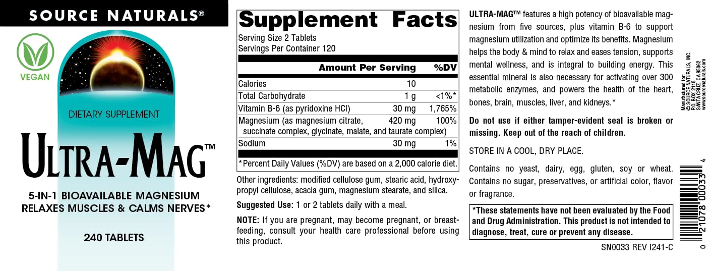 Pre-Order | Arrives in 5–10 Days – Source Naturals Ultra-Mag High-Efficiency Magnesium Complex - Maintains Muscle & Nerve Function - 240 Tablets