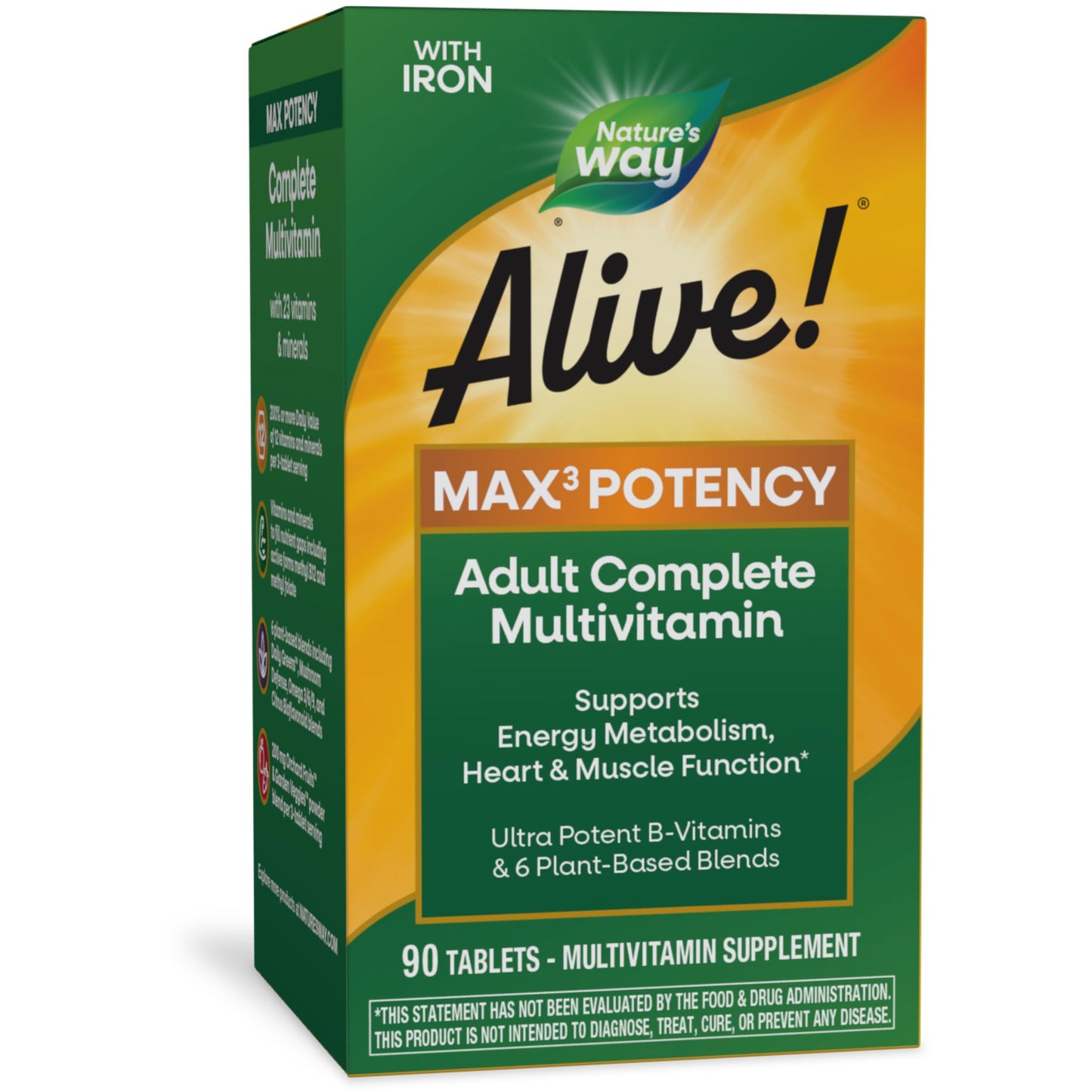Nature's Way Alive! Max3 Potency Multivitamin, Ultra Potency B-vitamins to Support Energy Metabolism*, with Methylated B12 and Folate, 90 Tablets
