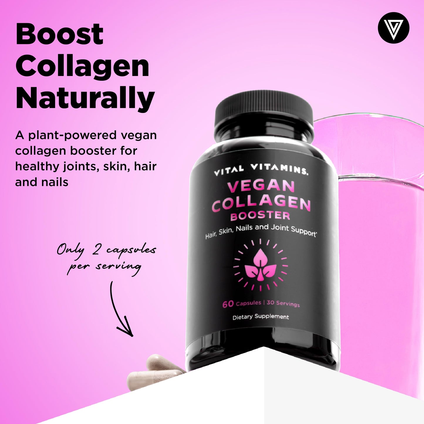 Vital Vitamins Vegan Collagen Booster - Plant-Based Collagen Supplements - Supports Hair, Skin, Nails & Joints - with Hyaluronic Acid - 60 Capsules