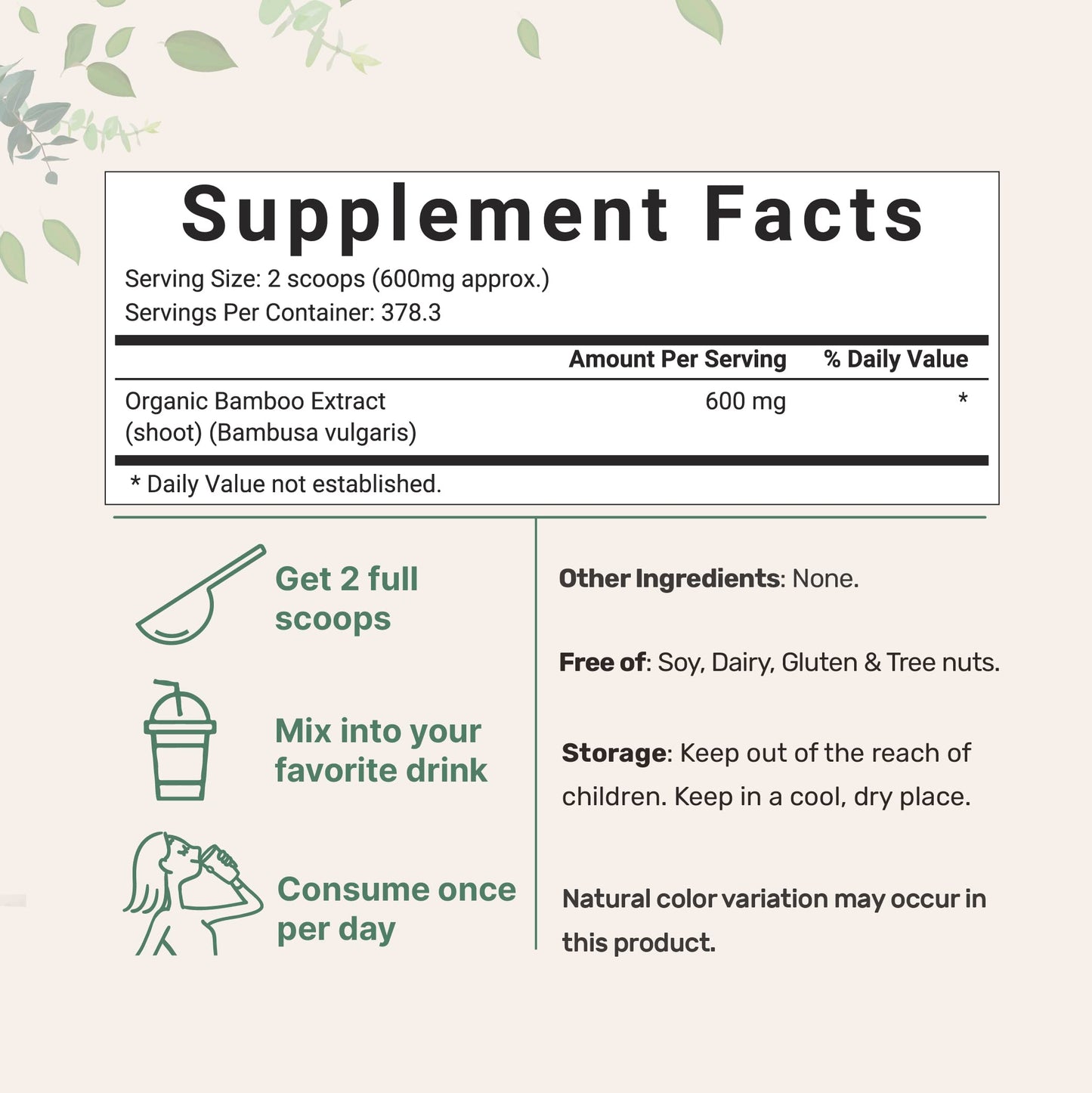 Micro Ingredients Organic Bamboo Extract Powder, 8 Ounce (1 Year Supply), Rich in Silica and Minerals, Supports Healthy Skin, Nail, Hair, Joints and Bones, Non-GMO and Vegan Friendly