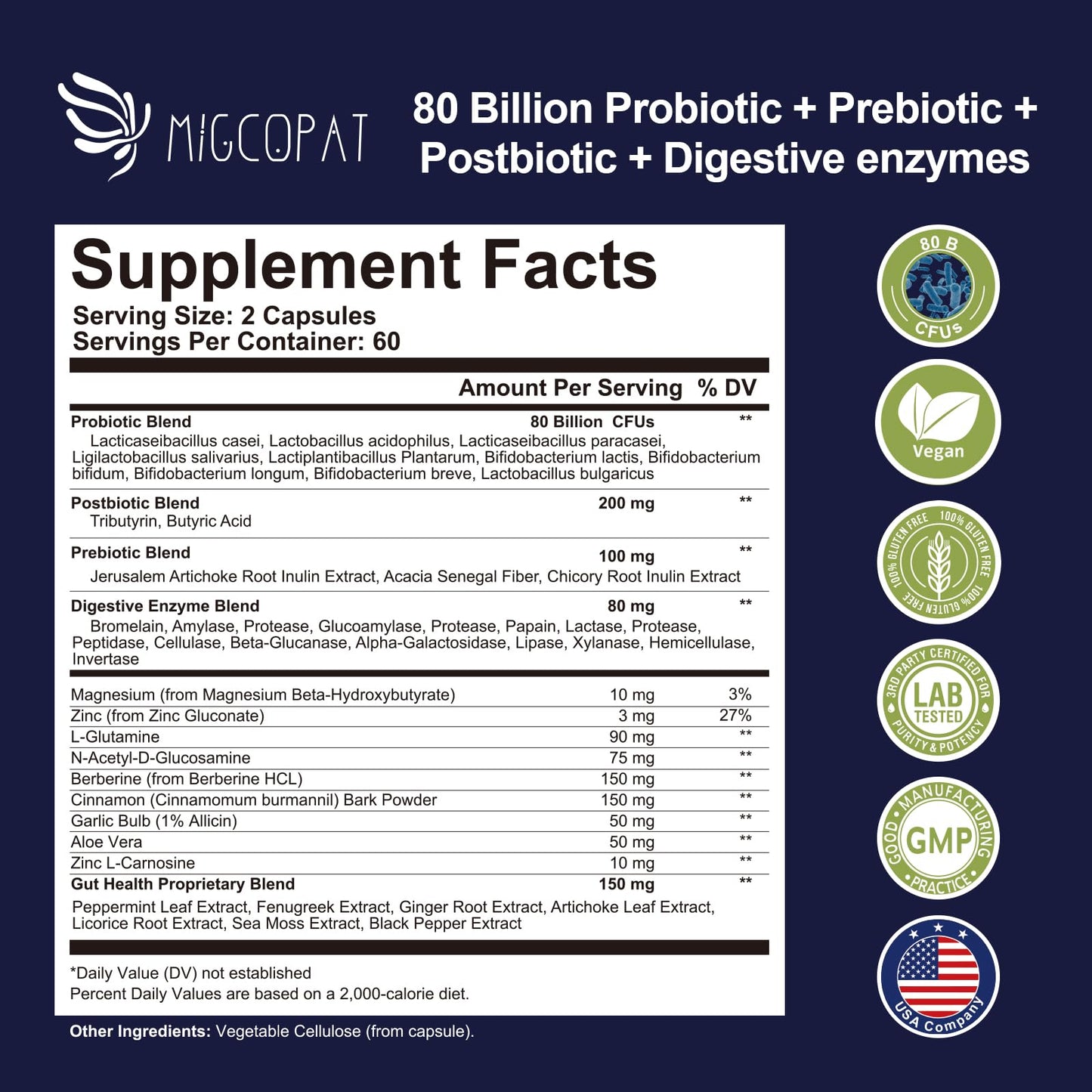 Migcopat Probiotic Prebiotic, Postbiotic & Digestive Enzymes for Digestive Health, 80 Billion CFU Probiotics Complete Gut Support with Berberine, Cinnamon, L-Glutamine, for Men & Women, 120 Capsules