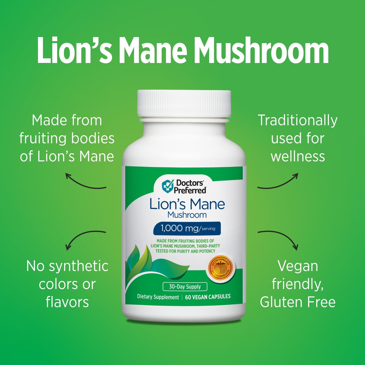 DOCTORS' PREFERRED Lions Mane Mushroom Supplement - 1,000 mg/Serving, 60 Vegan Capsules for Brain Health and Overall Daily Wellness. (30-Day Supply)