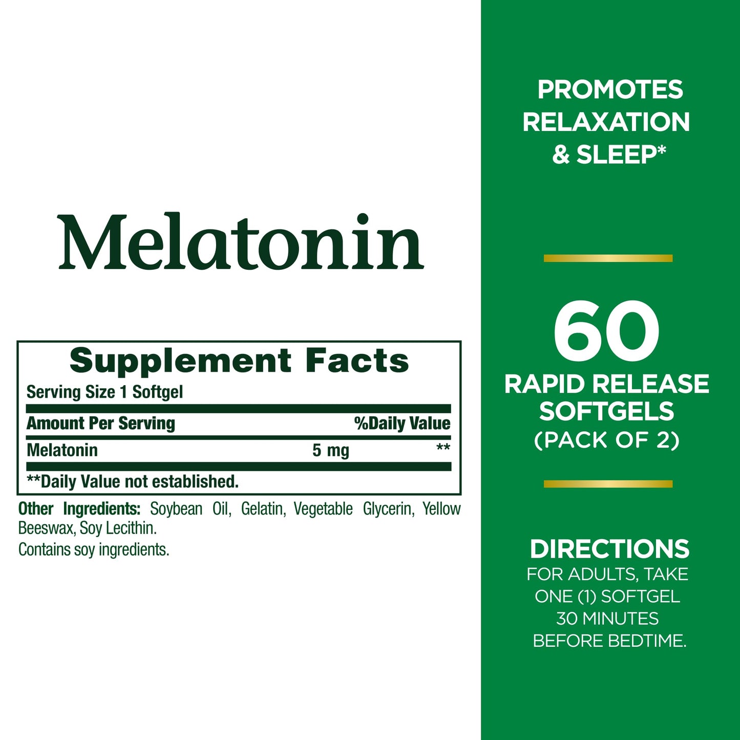 Nature's Bounty Melatonin 5mg, 100% Drug Free Sleep Aid, Dietary Supplement for Relaxation and Sleep Health - 4 Month Supply, 60 Rapid Release Softgels Twin Pack (120ct)