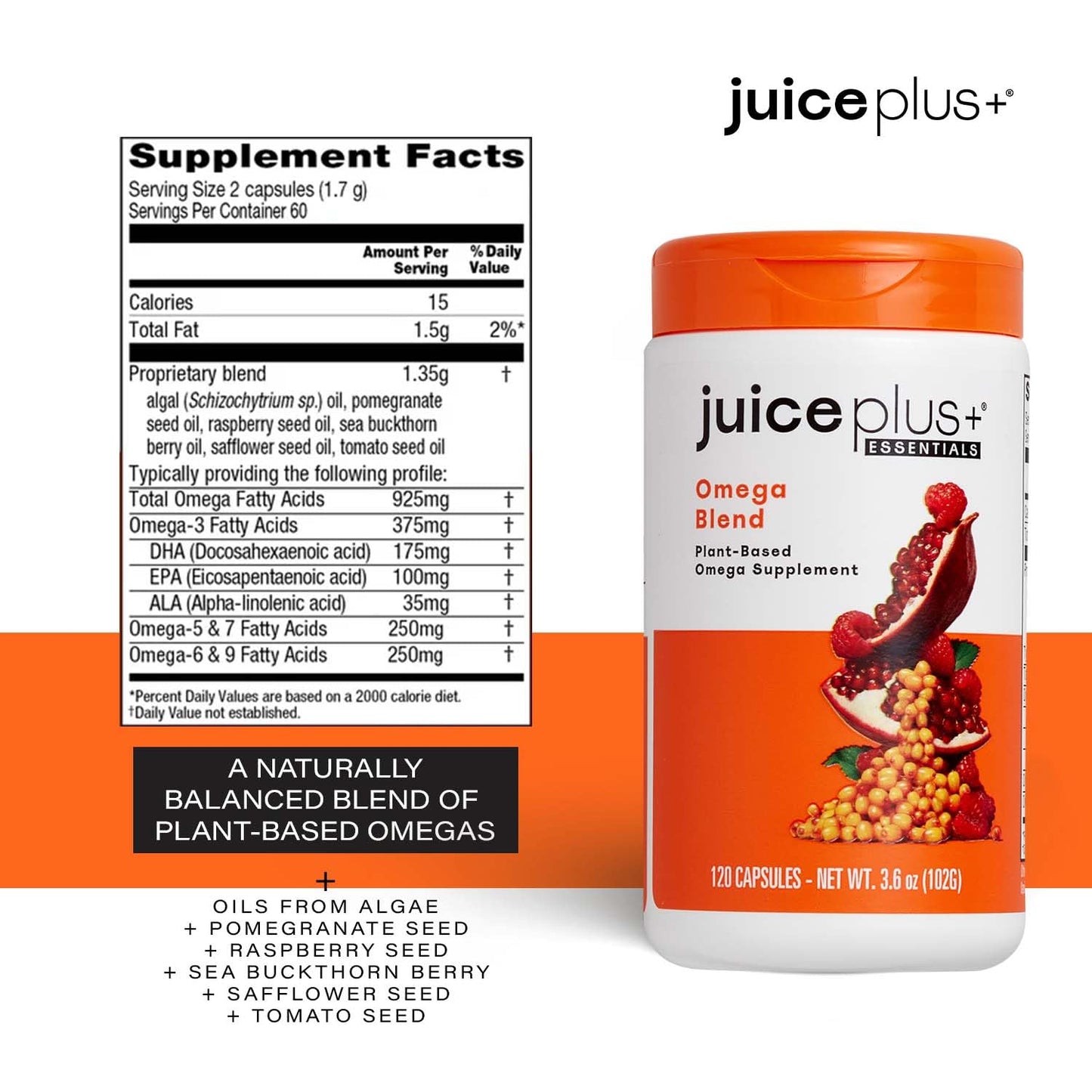 Juice Plus+ Omega Blend - Vegan, Fish-Less, No Aftertaste - Omega 3, 5, 6, 7 & 9 Fatty Acids from Algae & Seeds - DHA, ALA & EPA for Brain & Vision - 120 Capsules