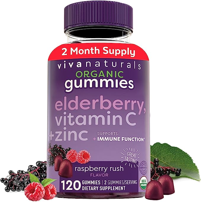 Organic Elderberry Gummies with Zinc and Vitamin C (120 Count) - Two-Month Supply, Certified USDA Organic 3-in-1 Chewable Sambucus Elderberry Gummies, Immune Support Supplement