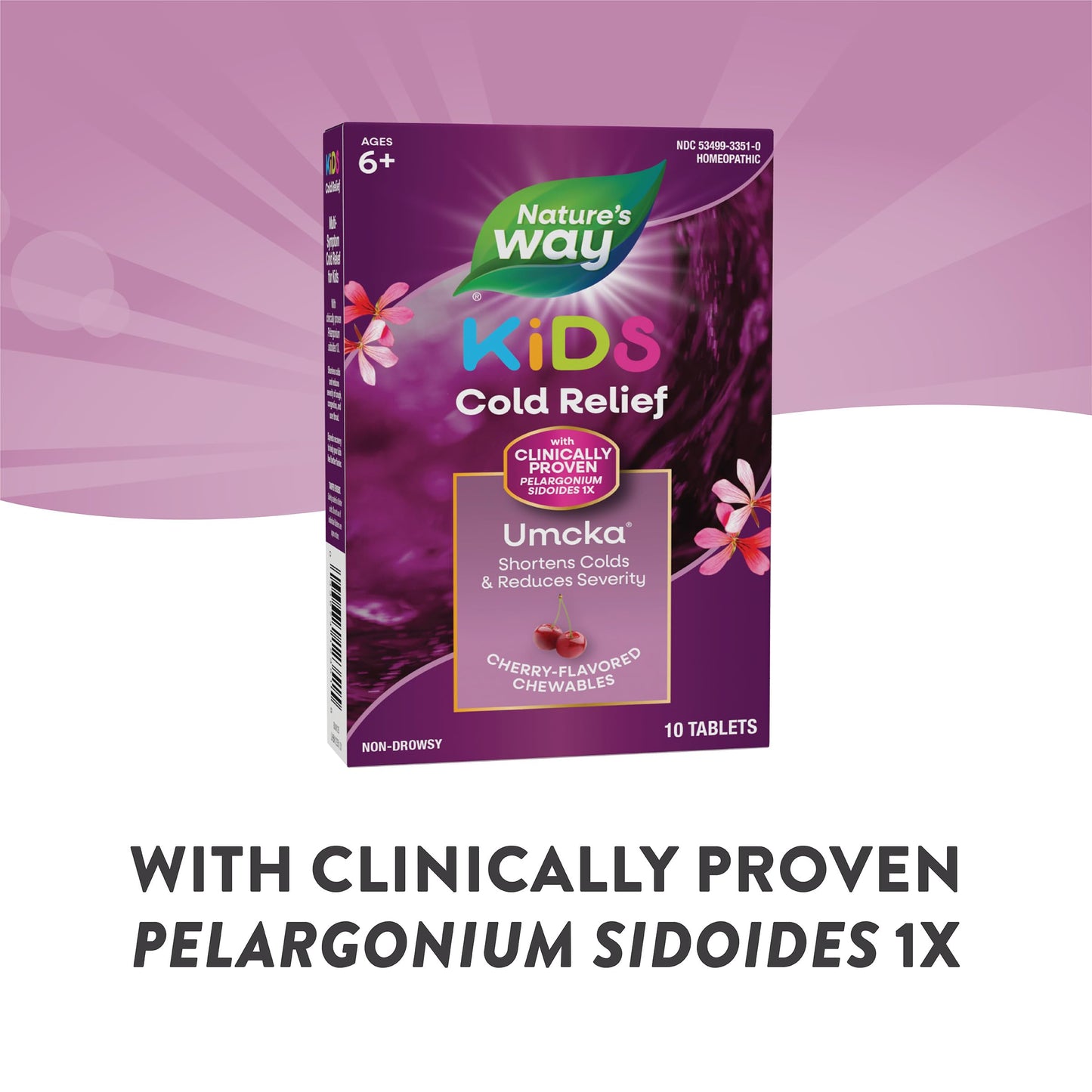 Nature's Way Cold Relief for Kids 6+, Umcka, Shortens Duration & Reduces Severity, Multi-Symptom Cold Relief, Homeopathic, Phenylephrine Free, Cherry Flavored, 10 Chewable Tablets