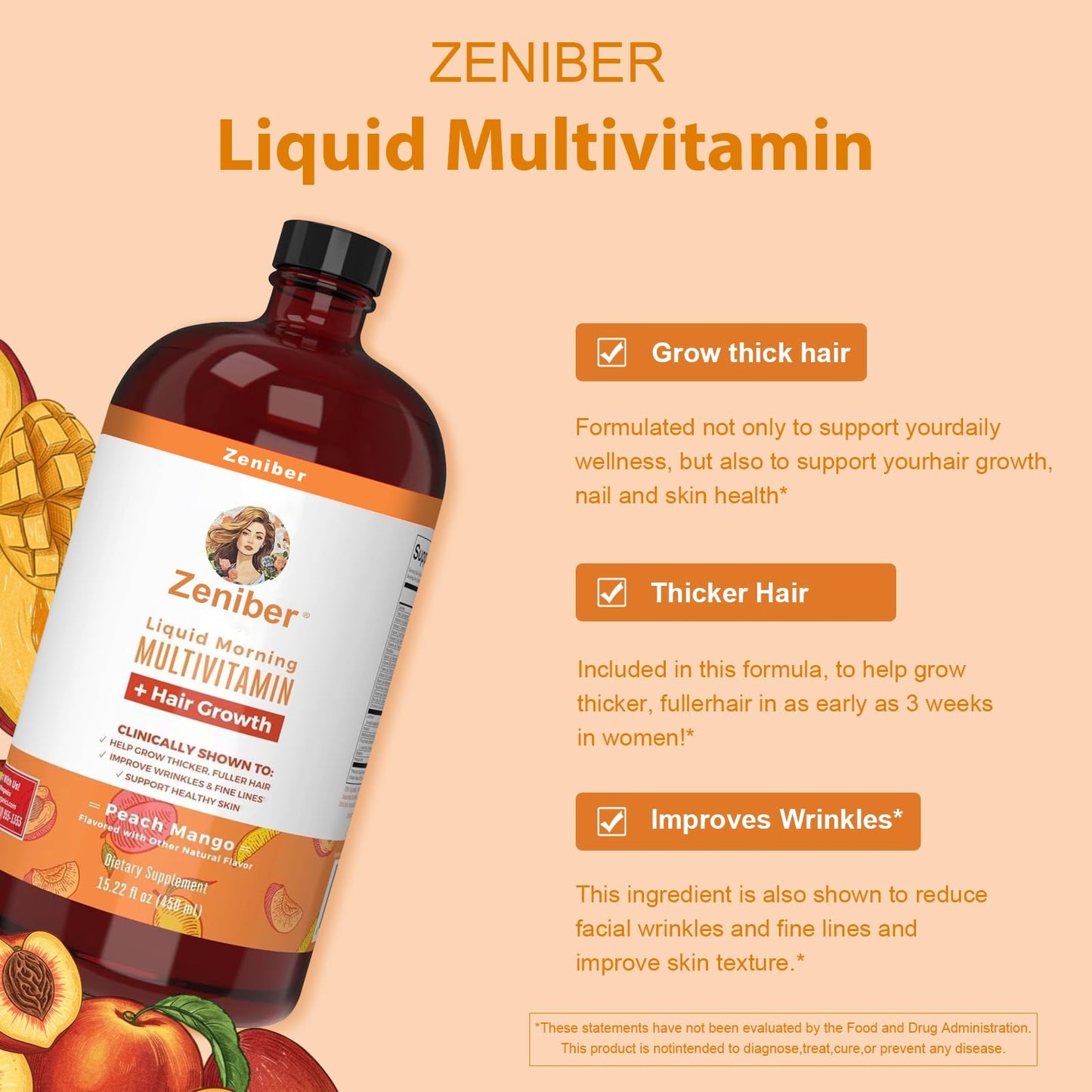 Zeniber Liquid Morning Multivitamin Hair Growth & Biotin 10000mcg,MaayRuth multivitamin Hair Growth,Liquid Multivitamins for Women, Vegan, Sugar Free, Reduces Wrinkles, 15.22 OZ