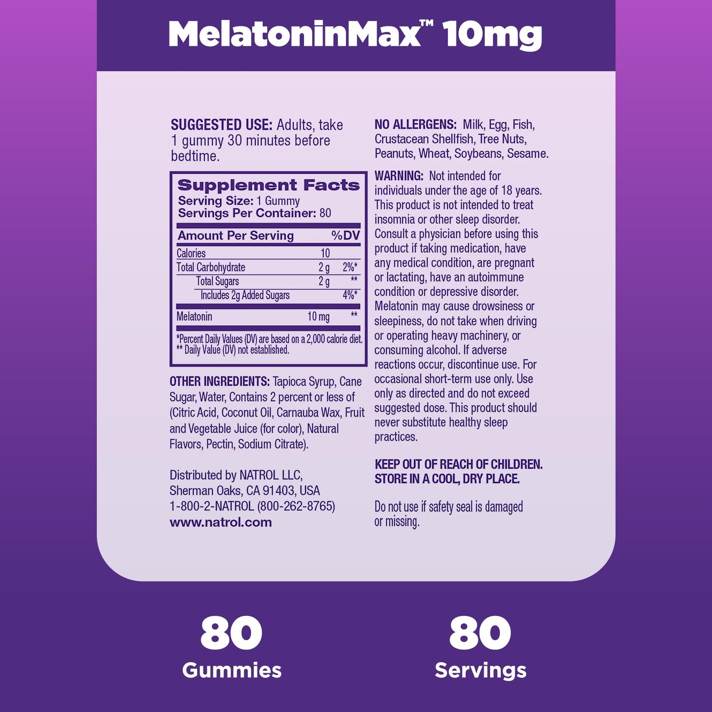 Natrol Melatonin 10mg Sleep Aid Supplement, 80 Count MelatoninMax Gummies, Blueberry Flavor, 10 mg Melatonin Gummies for Occasional Sleeplessness, 80 Day Supply