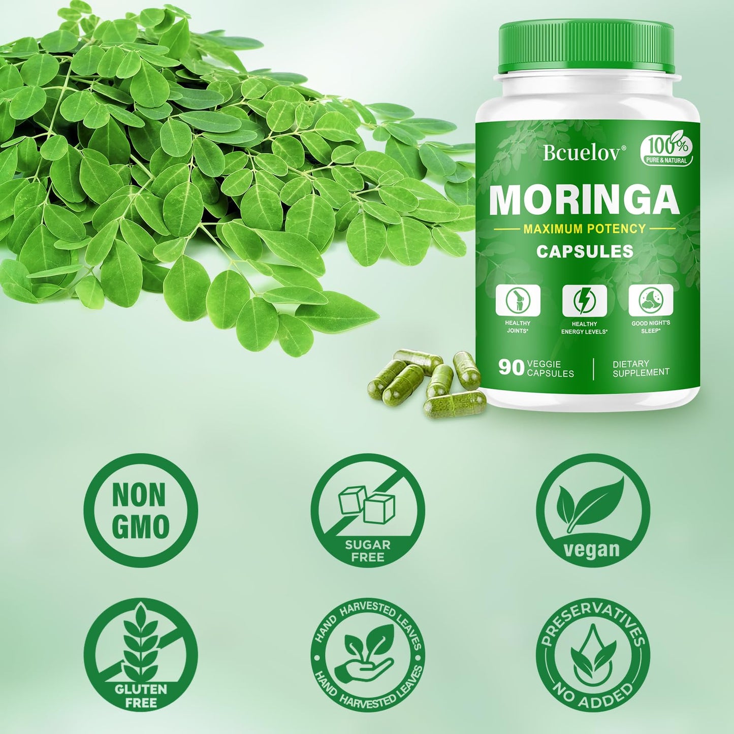 Moringa Capsules 2 Bottles | 800mg Pure Moringa Powder Capsules – Supports Energy, Immune Support, Gut Health, Green Superfood Contains Vitamins & Amino Acids
