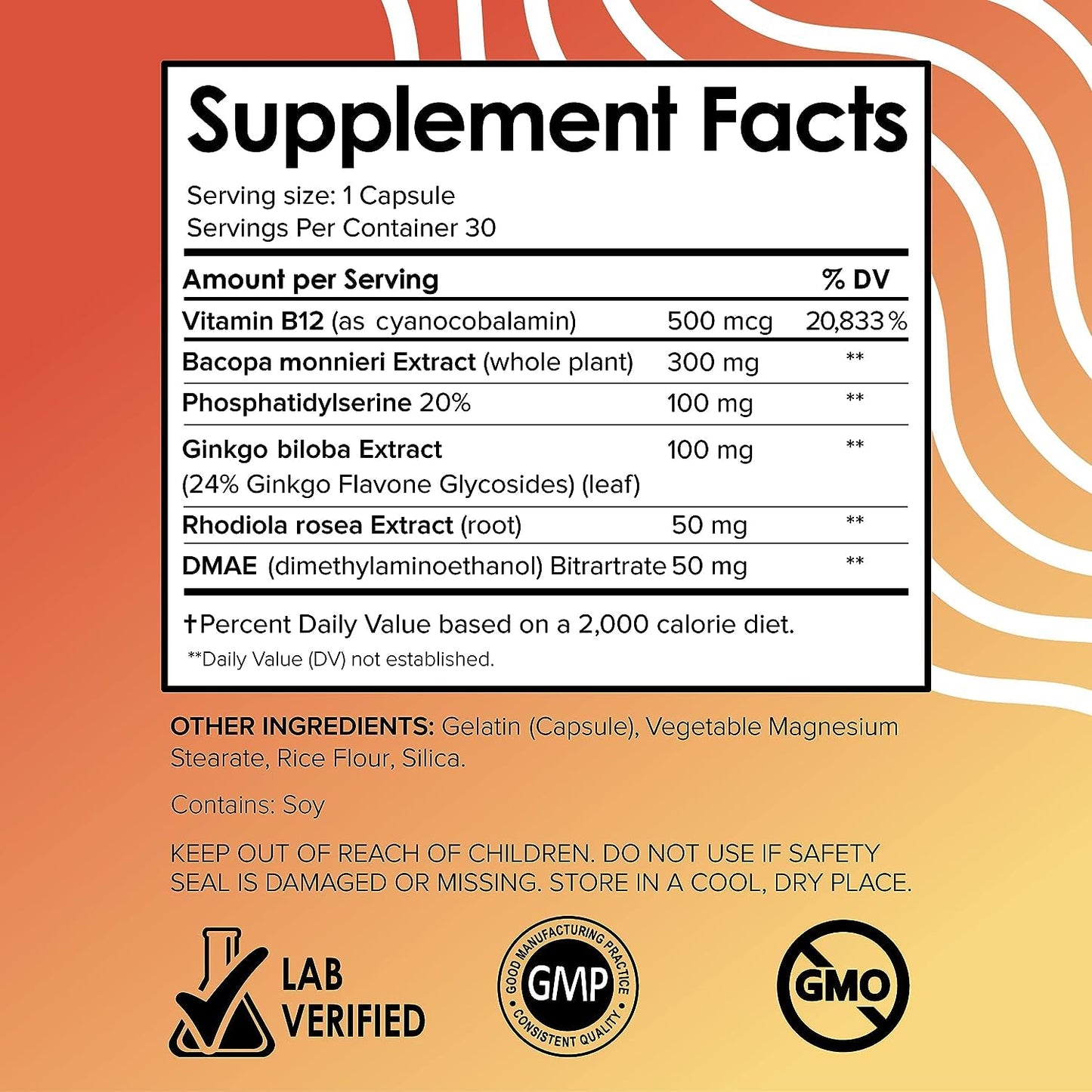 Vital Vitamins Brain Supplements for Memory and Focus – Nootropic Brain Booster with Bacopa Monnieri, Ginkgo Biloba, Rhodiola – Caffeine-Free Support for Adults & Seniors – 30-Day Supply, 30 Capsules