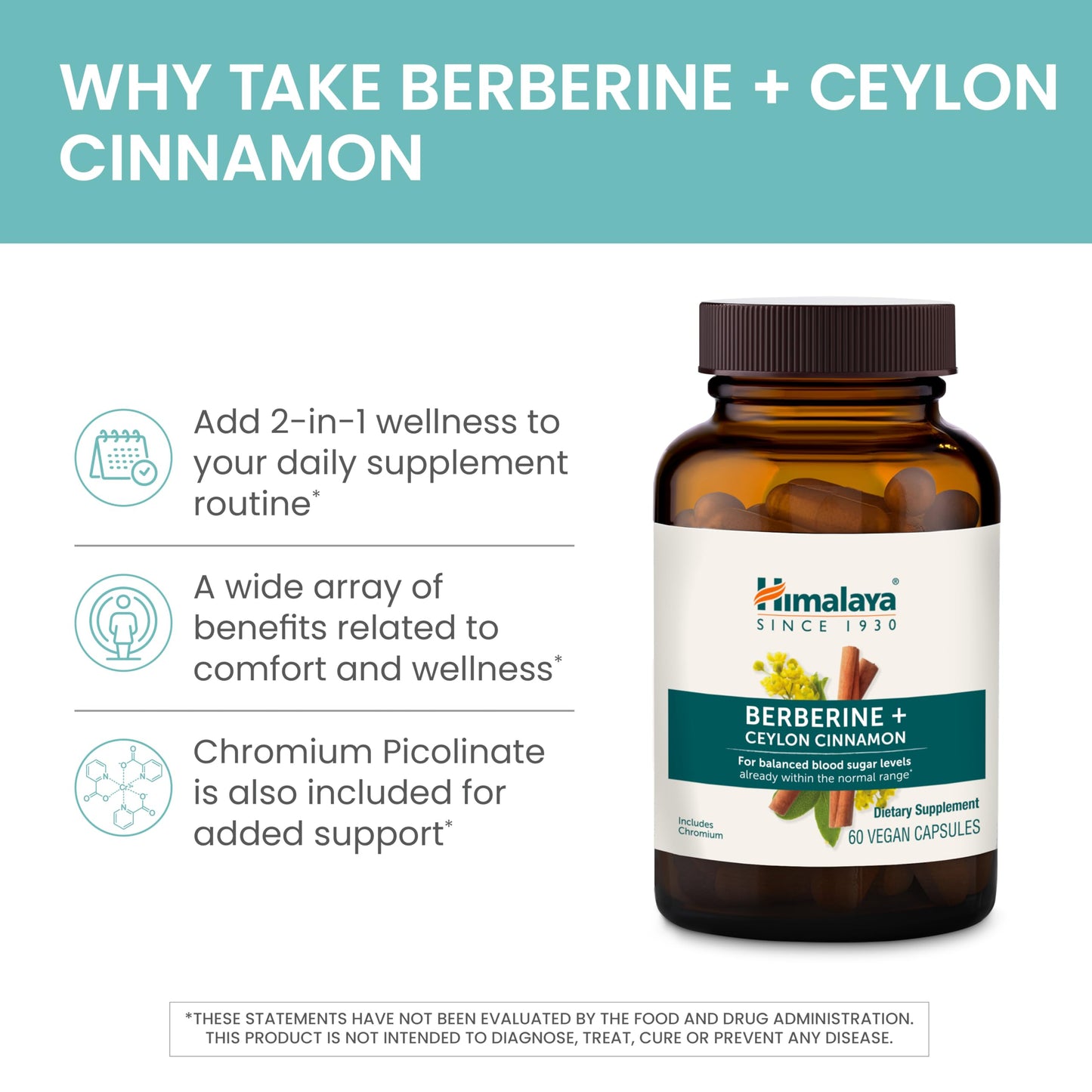 Himalaya Berberine + Ceylon Cinnamon from Indian Barberry Root, Includes Chromium, for Gastrointestinal, and Daily Metabolism Support, Vegan, Gluten Free, Herbal Supplement, 60 Capsules
