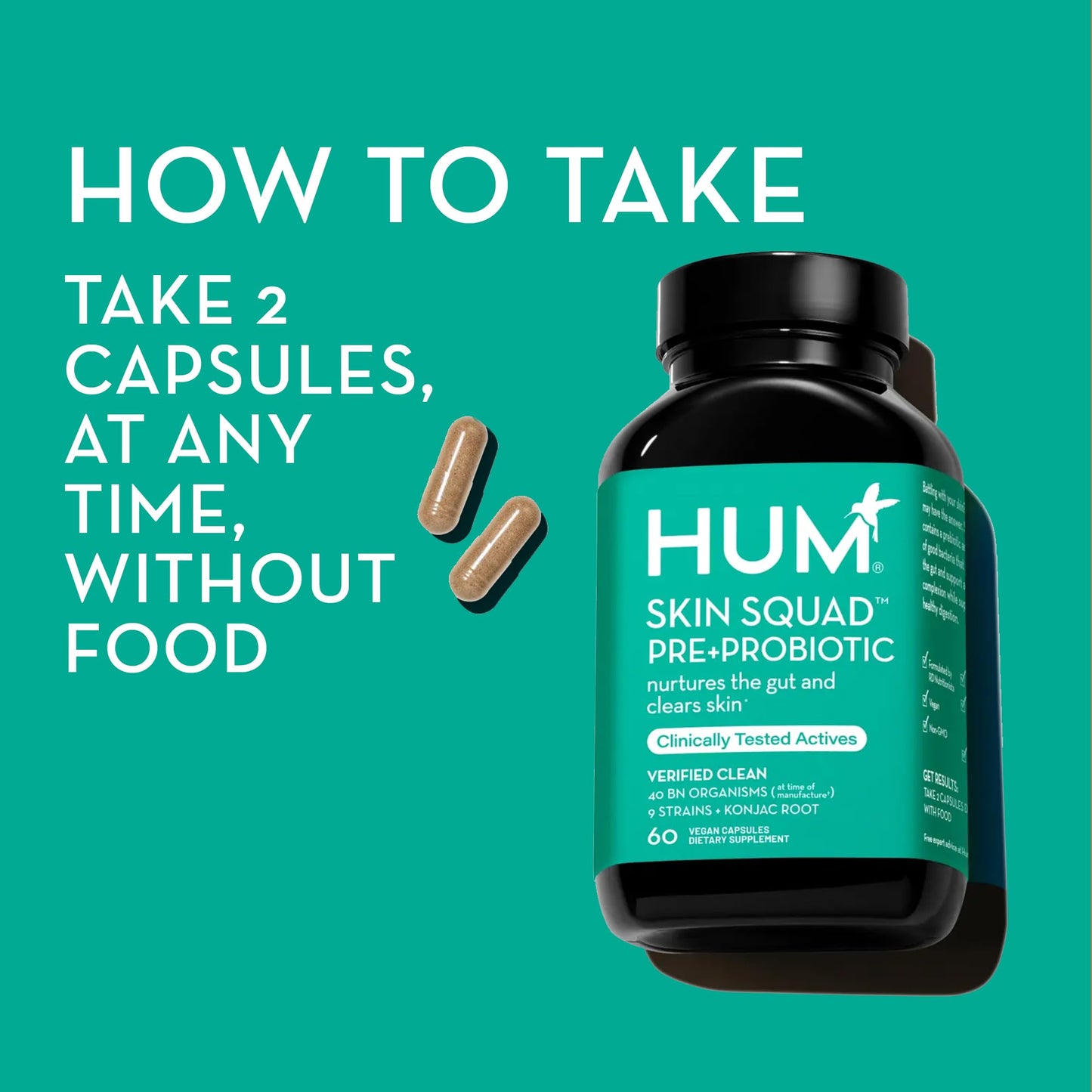 HUM Skin Squad - Probiotic Supplement for Clear Skin & Gut Health - Microbiome Probiotics for Breakouts (60-Count)