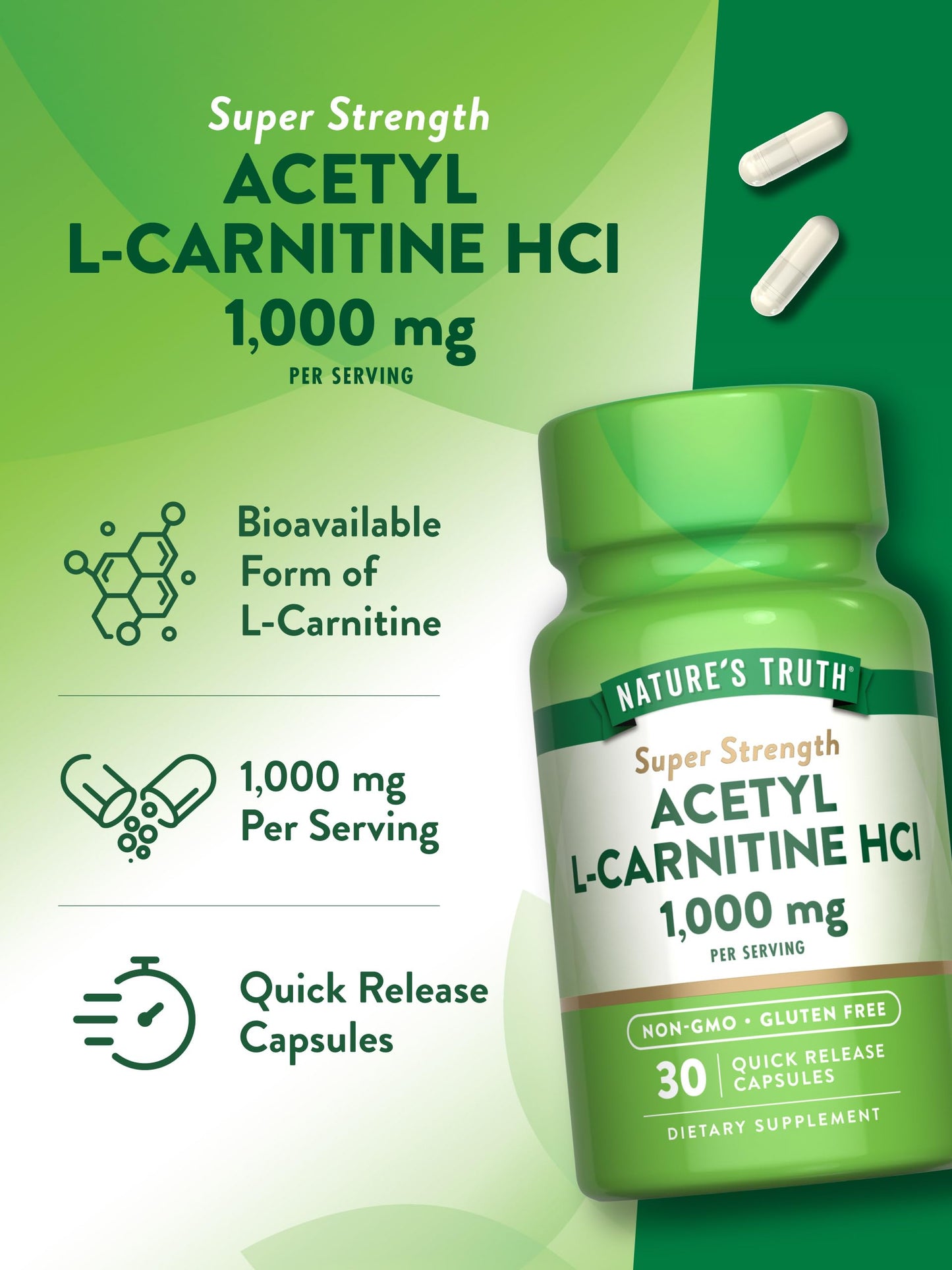 Nature's Truth Acetyl L-Carnitine 1000mg | 30 Capsules | Super Strength | Non-GMO & Gluten Free ALCAR Supplement