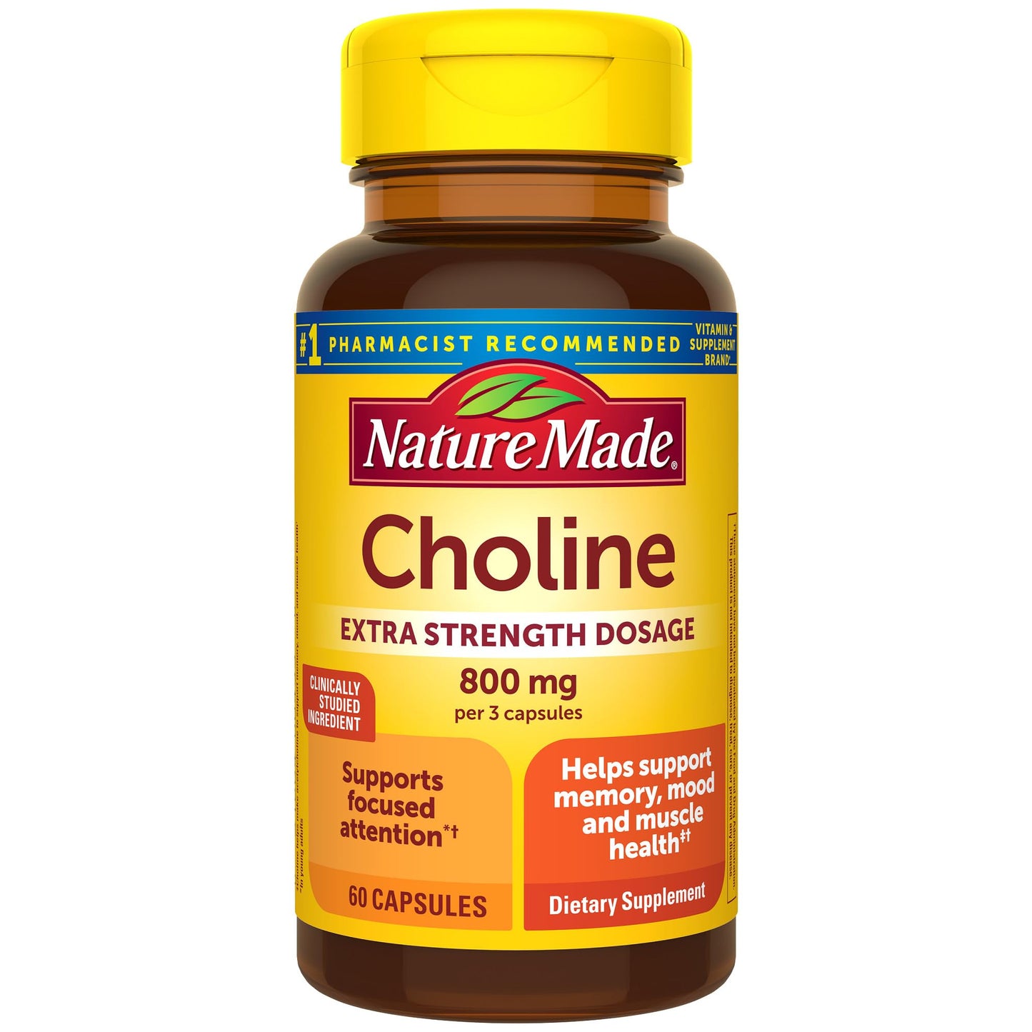 Nature Made Extra Strength Dosage Choline Supplements 800 Mg Per 3 Capsules, Brain Health, Mood, Muscle & Liver Support, Vegetarian, 60 Capsules, 20 Day Supply